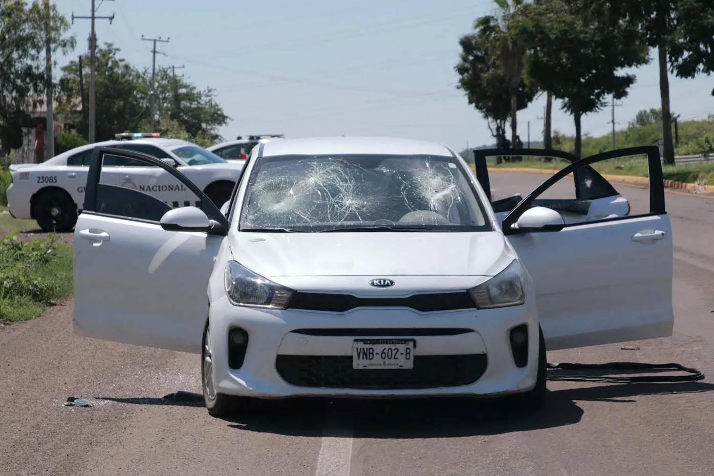 A car riddled with bullet holes after a shooting confrontation&nbsp;in Culiacan, Sinaloa State, Mexico, in 2024.