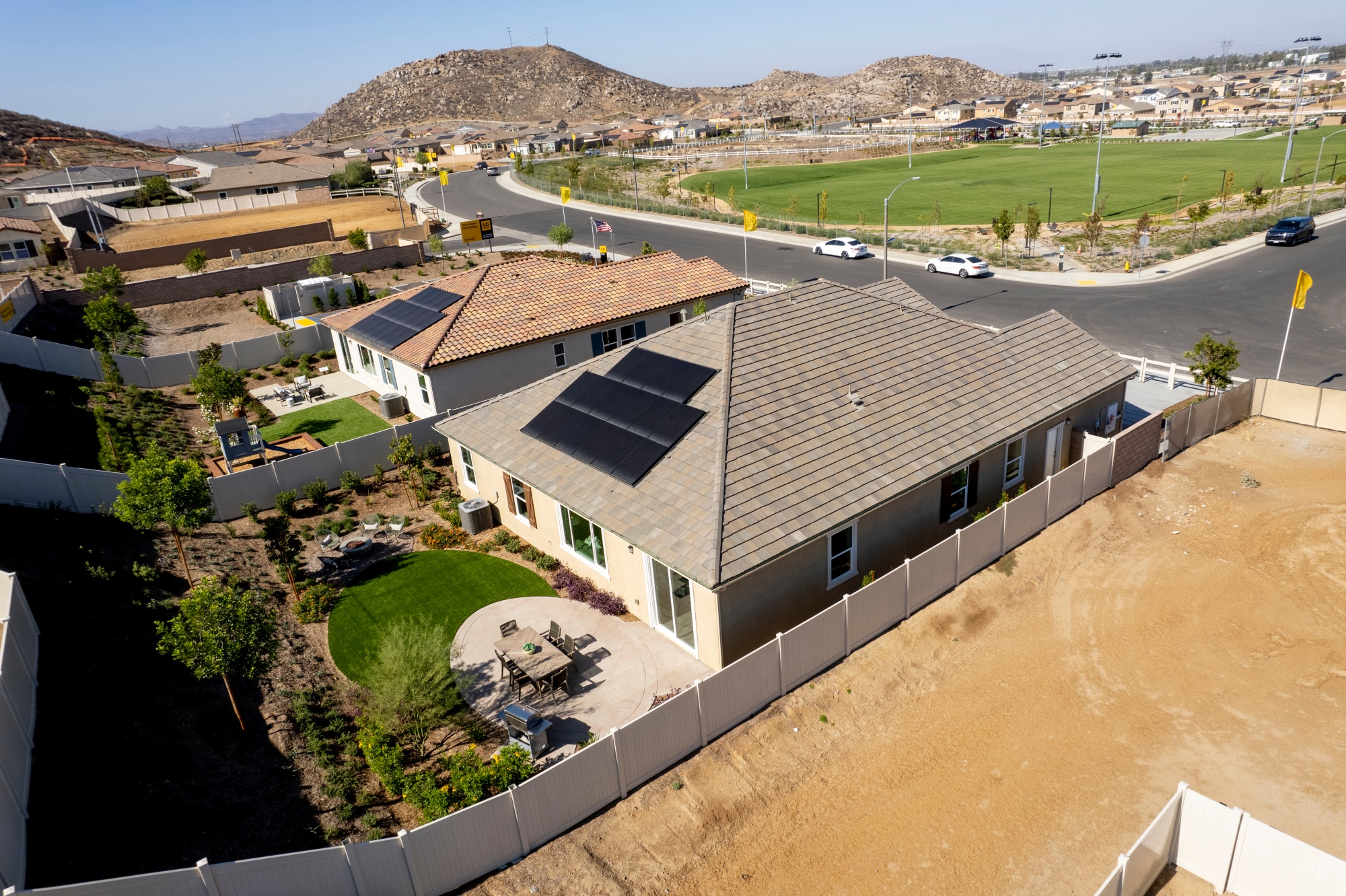 Solar panels on the roofs of homes in Menifee, California.