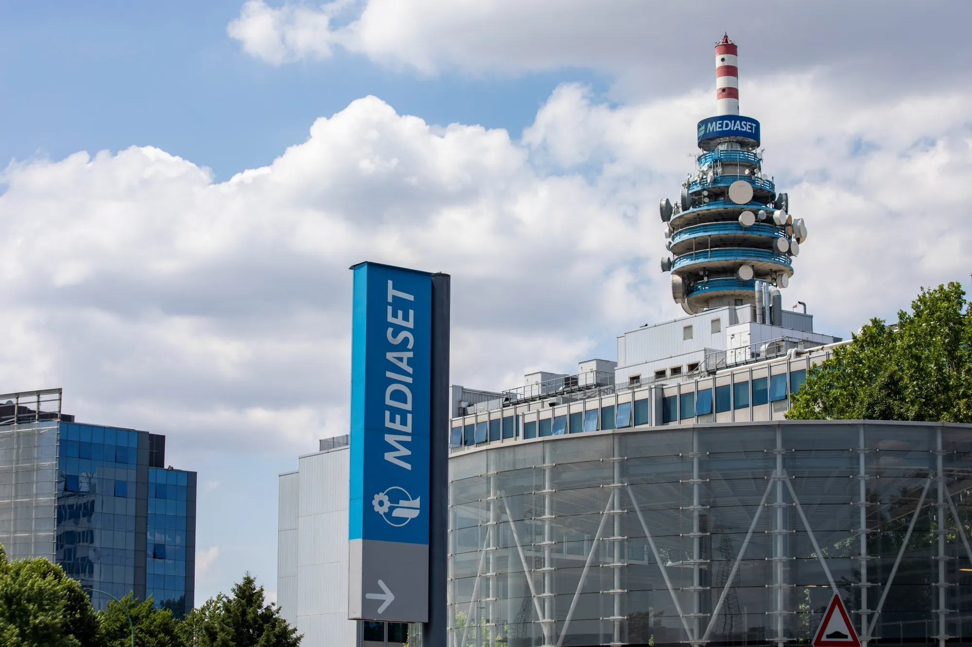 A telecommunications and transmission tower at the MFE-MediaForEurope NV headquarters&nbsp;in Milan.