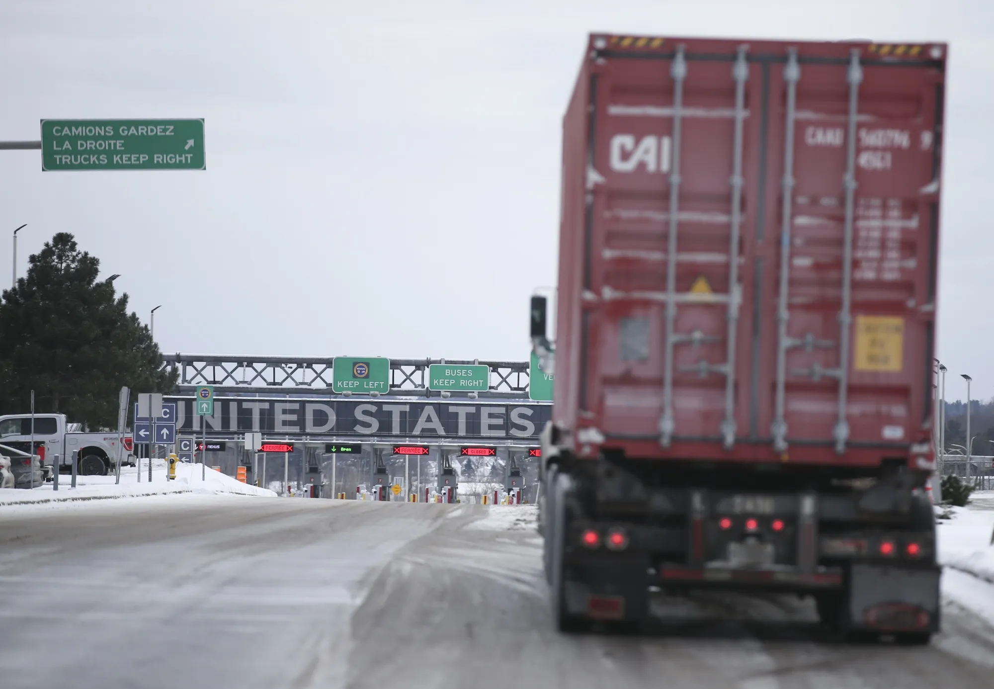 A truck heads into the U.S. at the border crossing in St-Bernard-de-Lacolle, Quebec on Jan. 14, 2022.