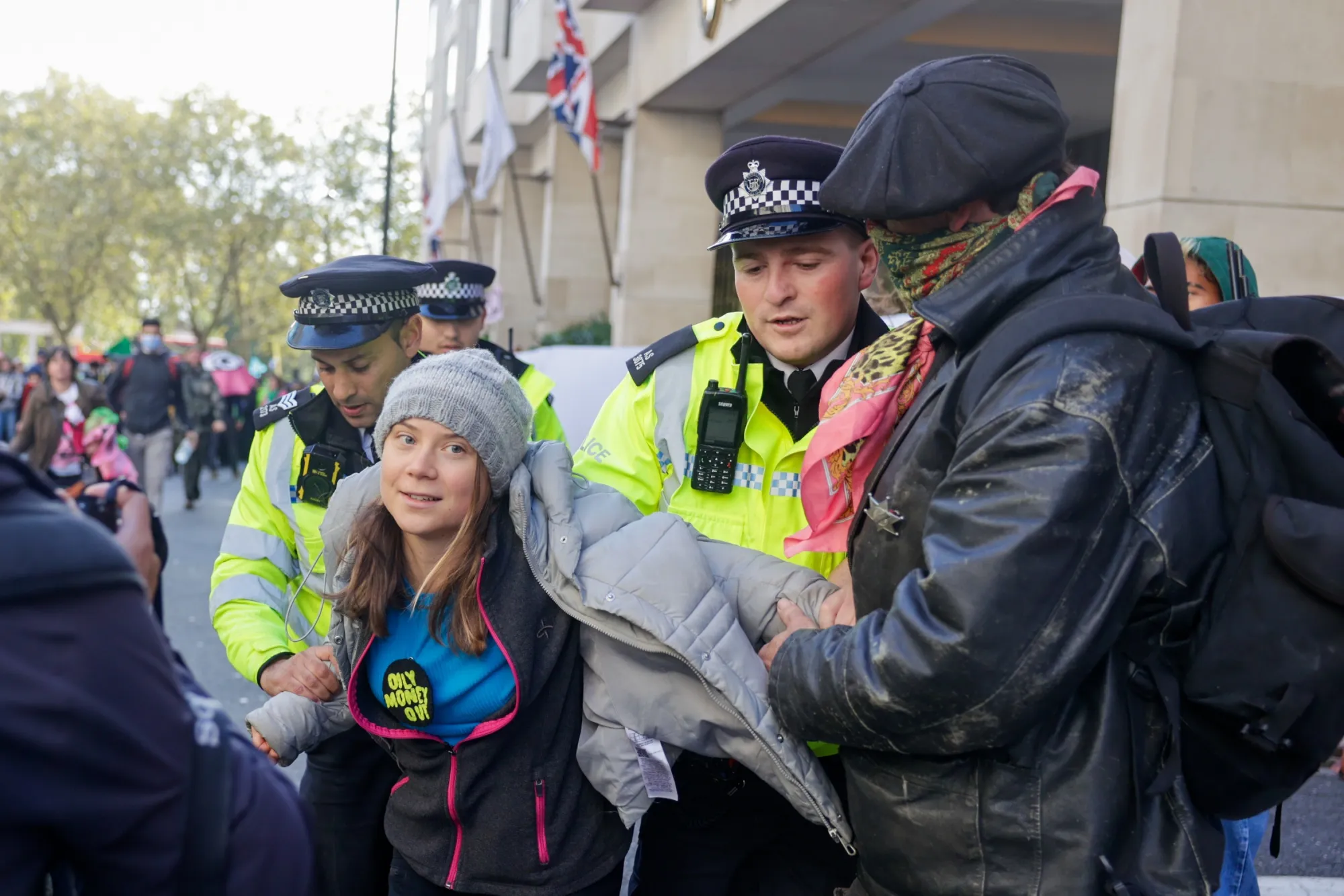 Greta Thunberg is arrested during a protest outside a major energy industry event in London on Oct. 17.