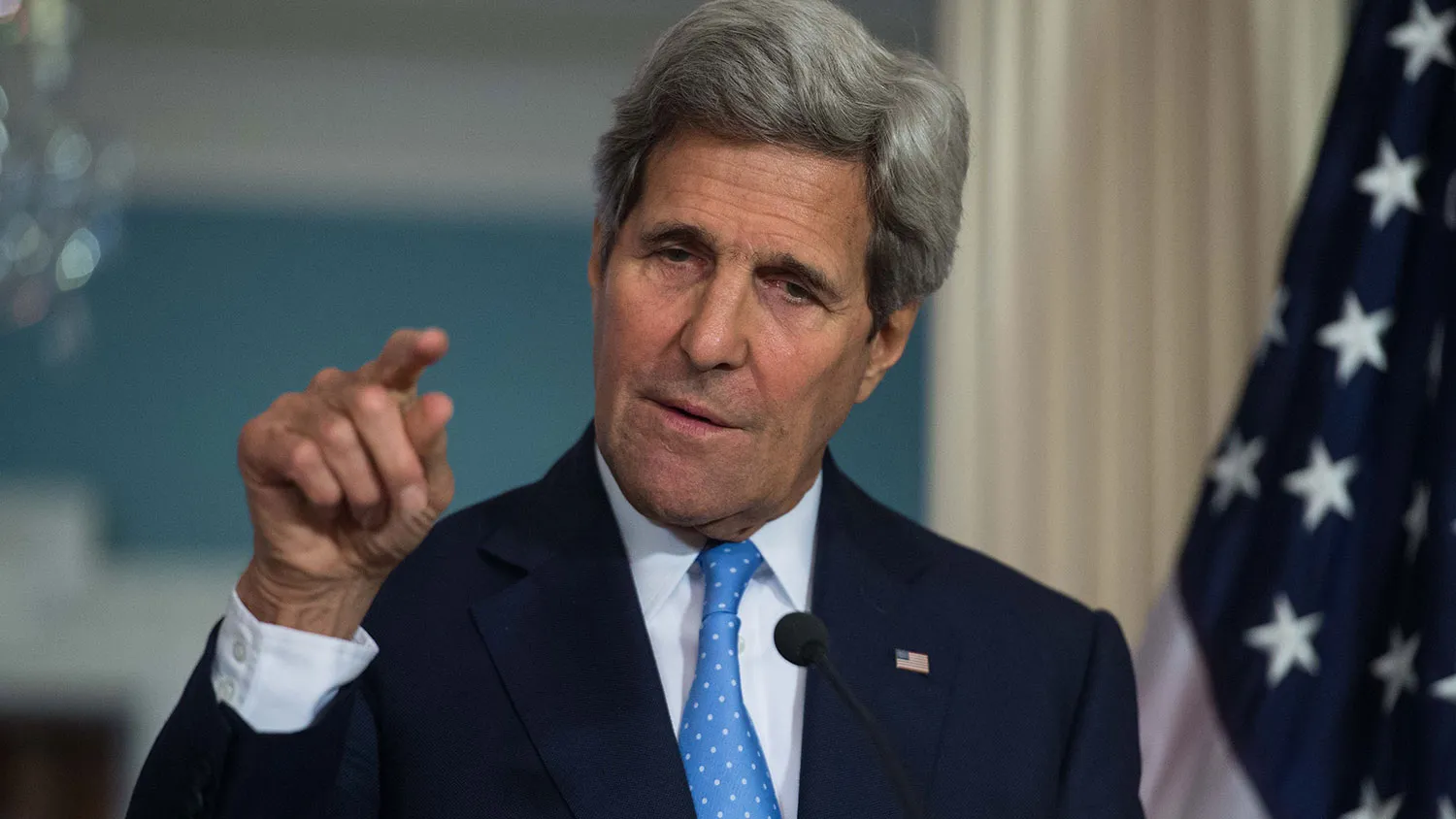 US Secretary of State John Kerry speaks to the press with Algerian Foreign Minister Ramtane Lamamra (unseen) during a press conference as part of the US/ Algeria Strategic Dialogue at the State Department in Washington, DC on April 8, 2015.
