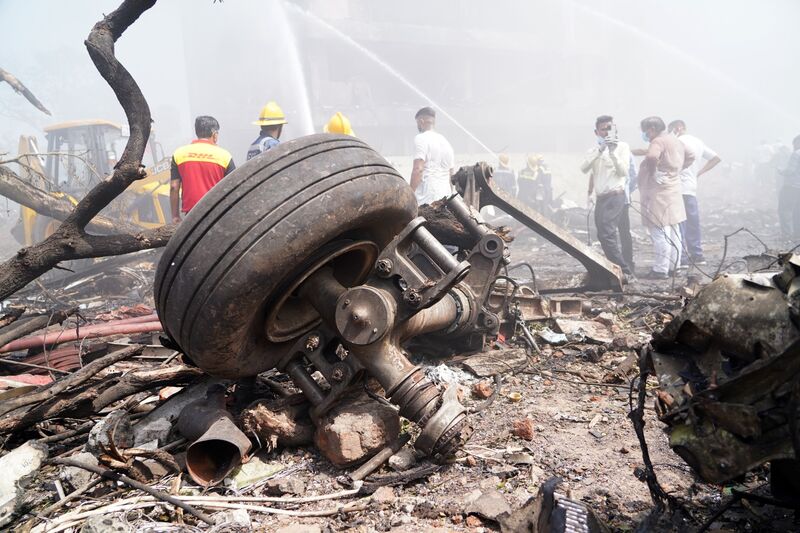 Aircraft landing gear at the crash site of Air India flight AI171 in Ahmedabad, India, June 12, 2025. 