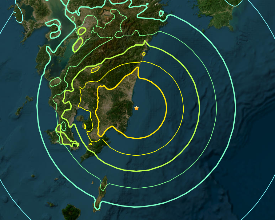 A USGS ShakeMap of an earthquake off Japan’s southern coast on Aug. 8.