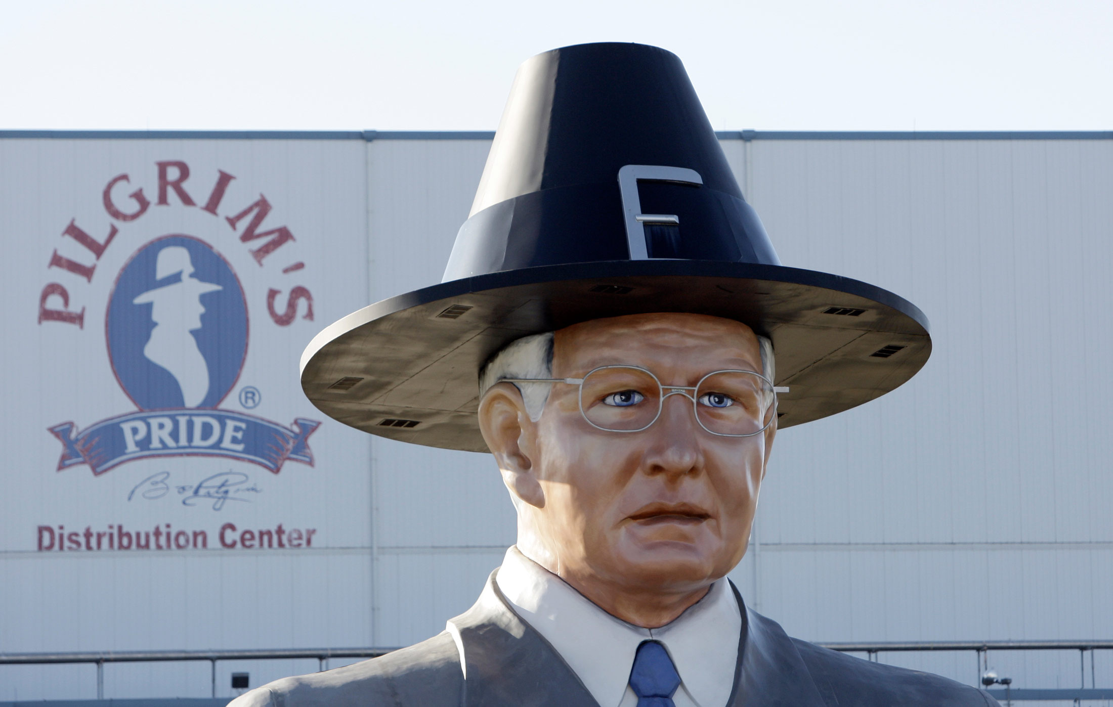A statue of Pilgrim's Pride founder Bo Pilgrim is displayed outside distribution center near Pittsburg, Texas.
