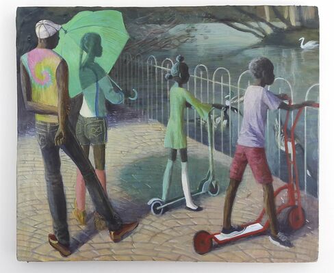 A painting by Benjamin Senior, Summer (Lake) (2016), brought to Frieze by James Fuentes.