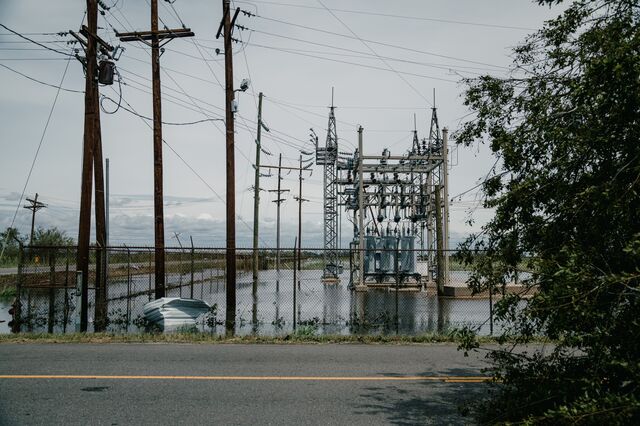 A flooded substation following Hurricane Laura off Highway 27 in southwest Louisiana, US, in August 2020. 