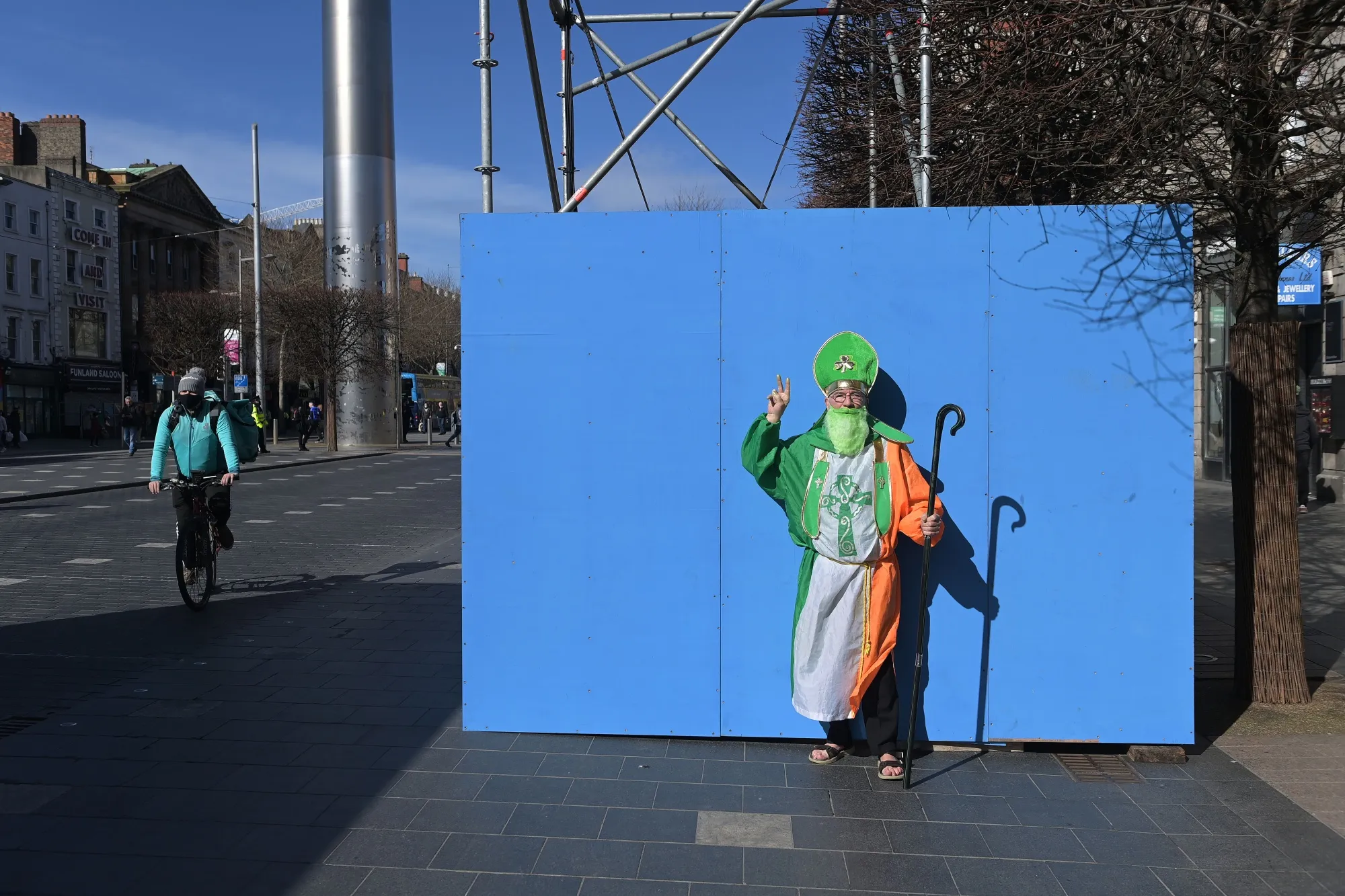 A man dressed in a St. Patrick costume&nbsp;in Dublin city centre on March 17,&nbsp;2021.