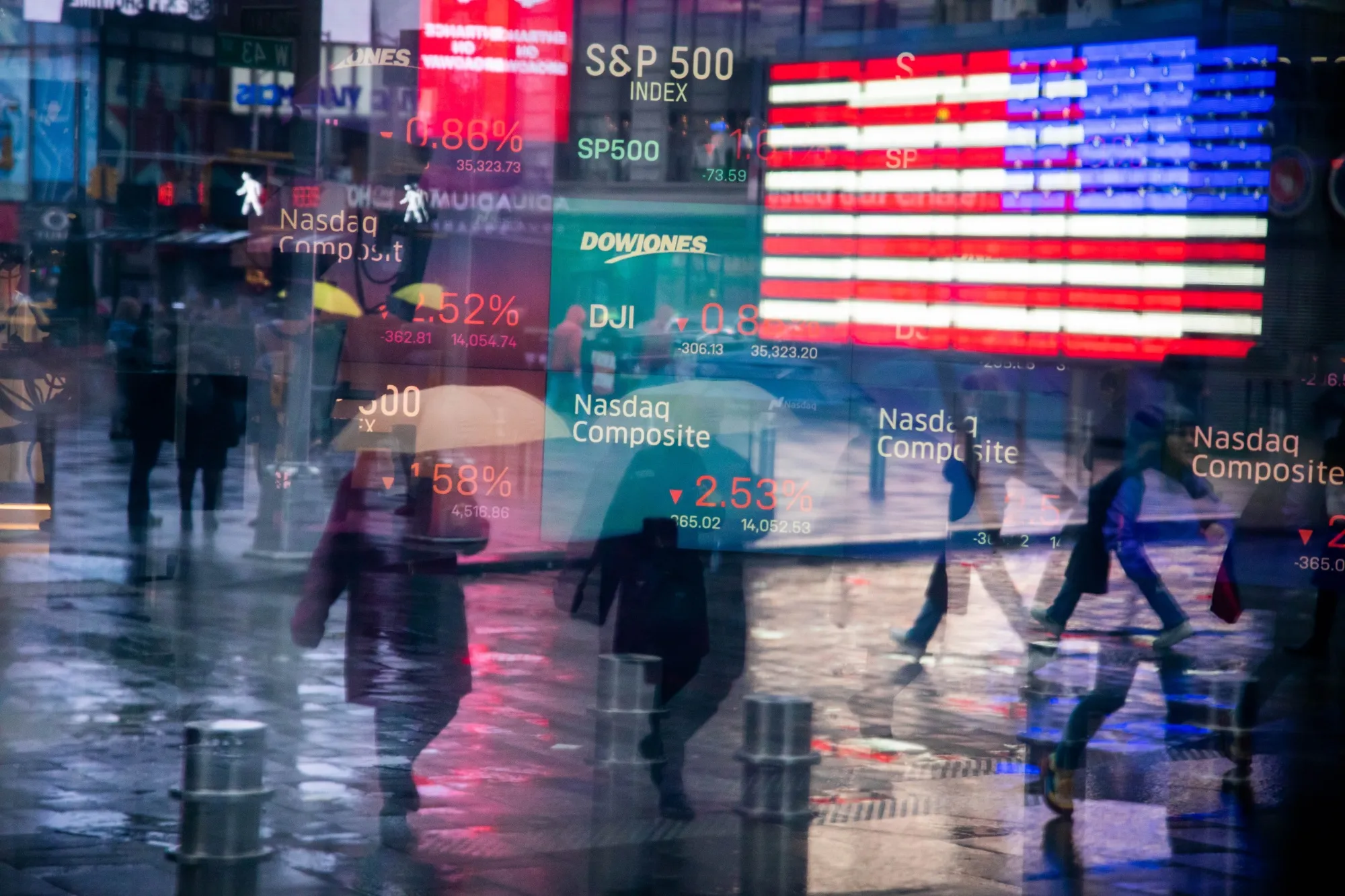 Stock market information at the Nasdaq MarketSite in New York.