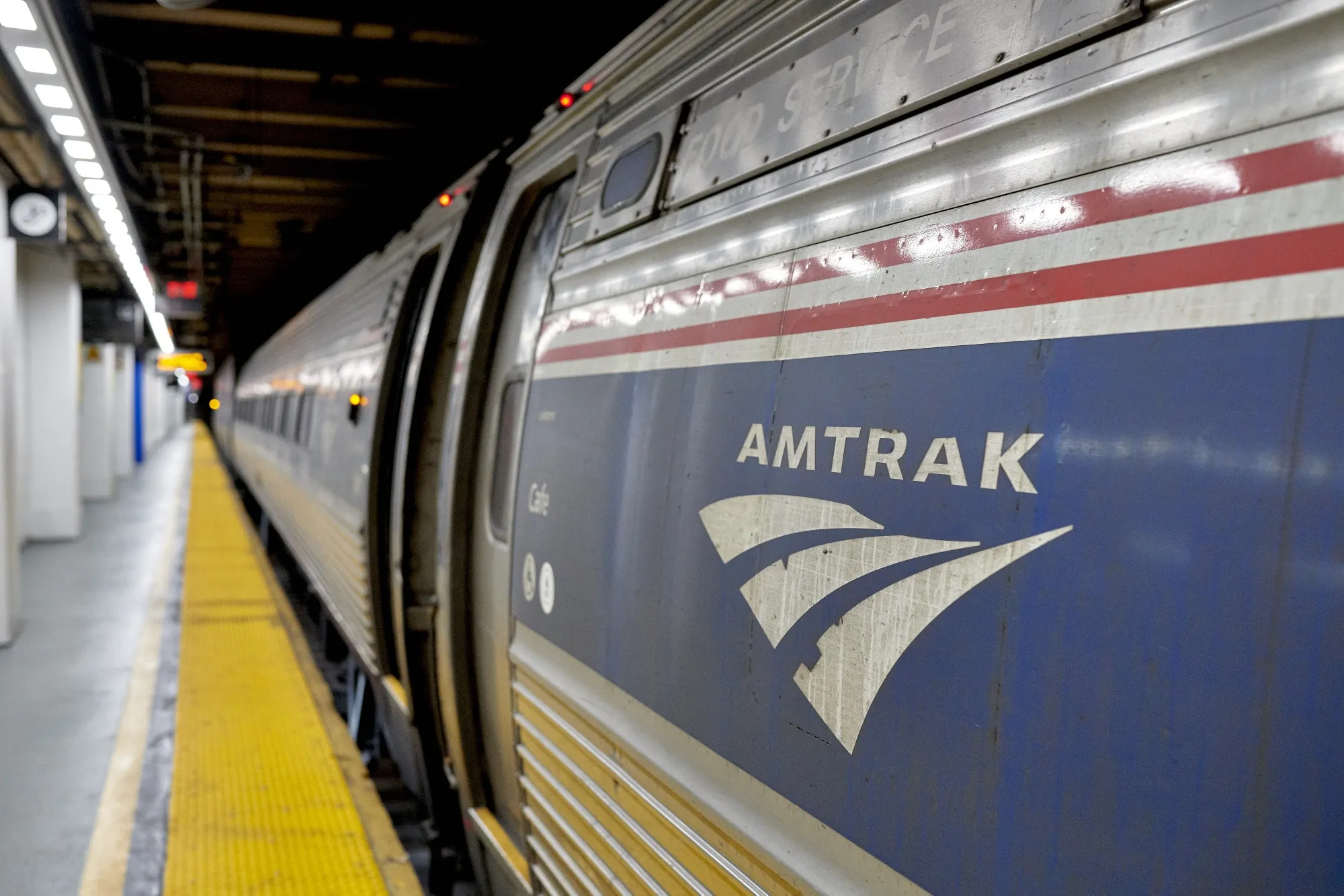 An Amtrak train in New York Penn Station in Newark, New Jersey.