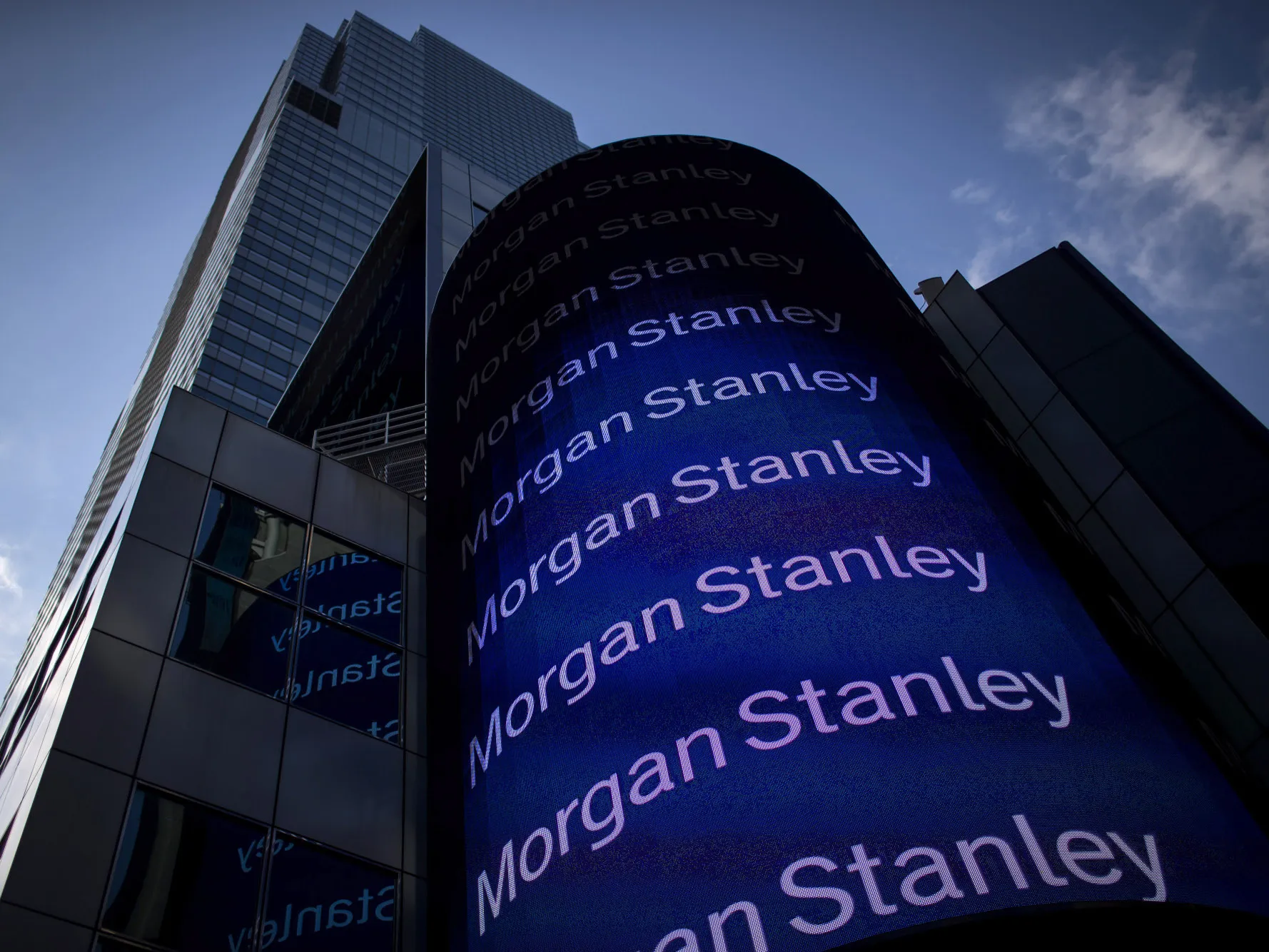 Morgan Stanley digital signage is displayed on the exterior of the company's headquarters in New York.