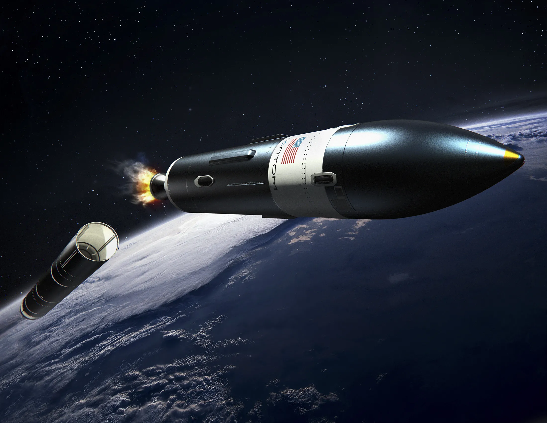 Artist rendering of Phantom Space’s Daytona rocket during stage one separation.