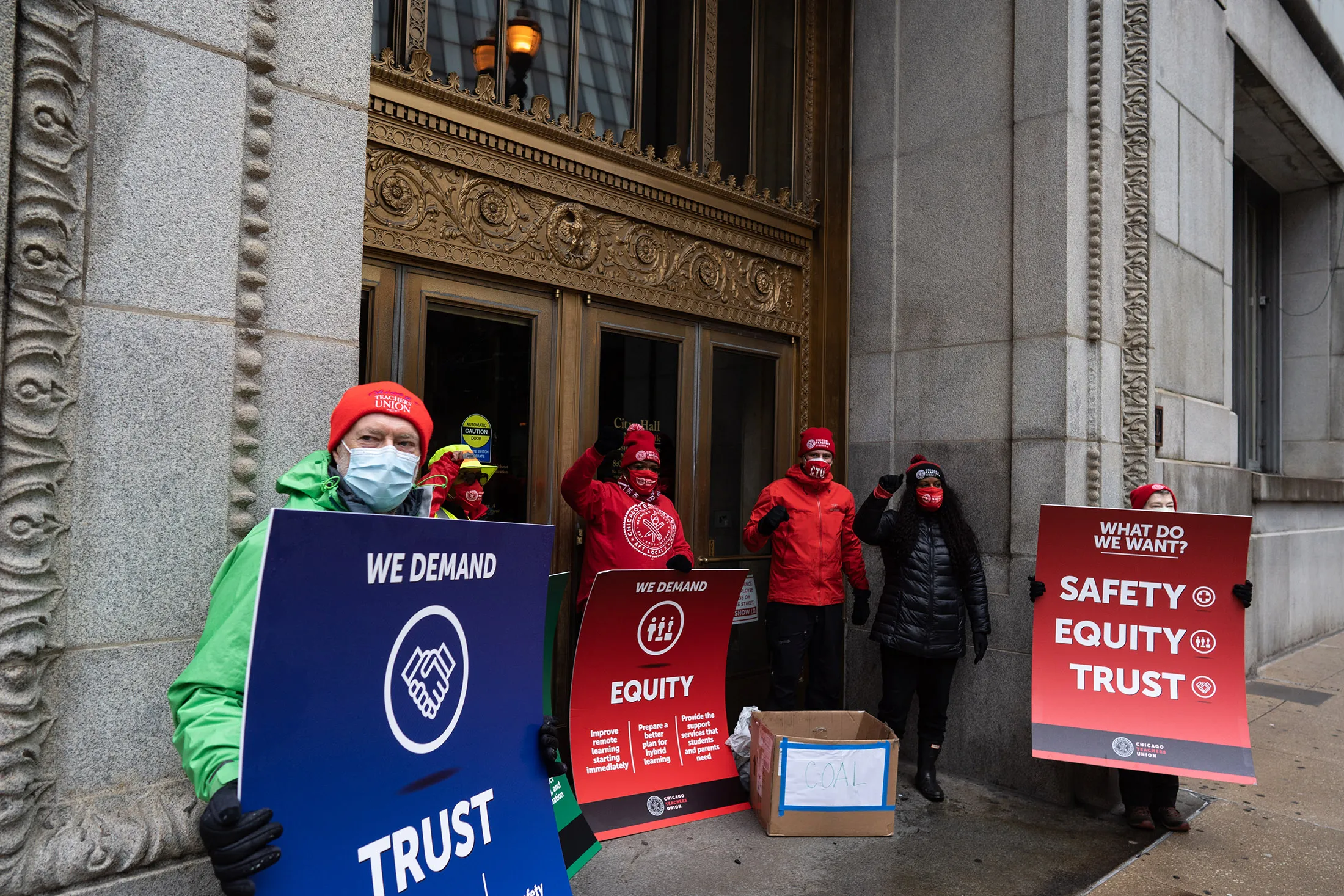 Chicago Teachers Union leadership protest outside the entrance of City Hall in Chicago, Illinois on Dec.&nbsp;12.
