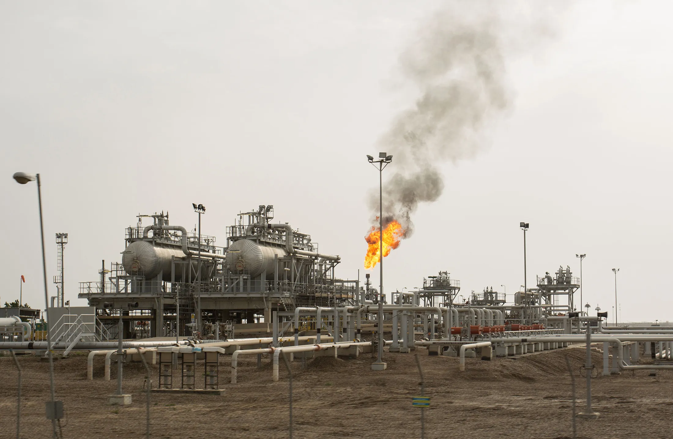 An oil installation in the massive Majnoon oil field, north of the Iraqi city of Basra, on March 25, 2019.&nbsp;
