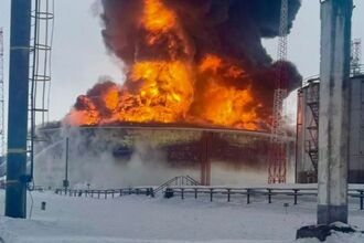 An oil reservoir on fire at a Druzhba pipeline facility southwest of Brody, Ukraine.