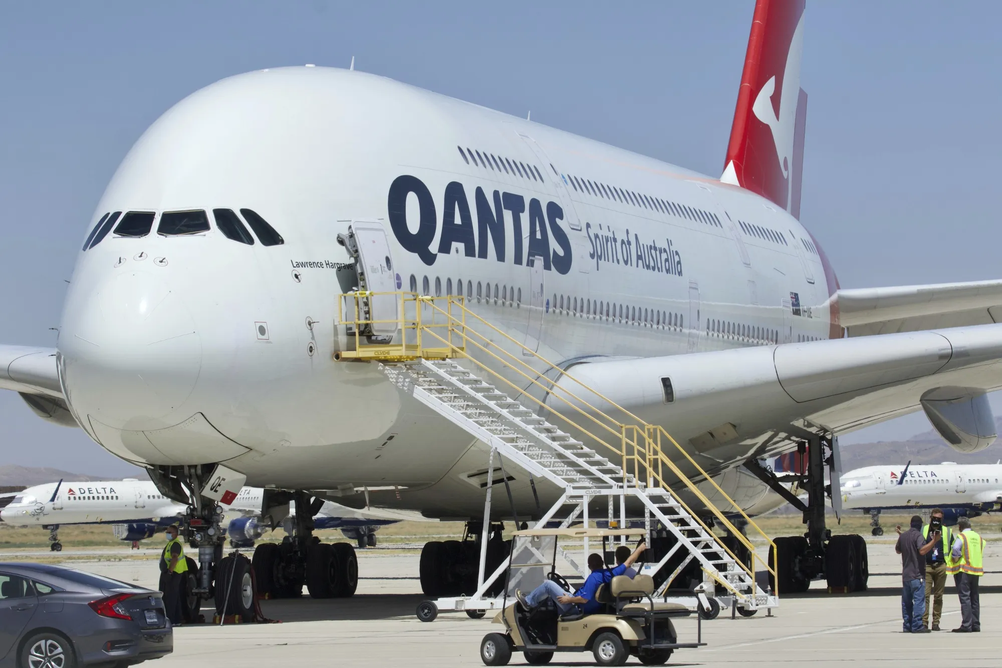 A Qantas Airbus A380 at Southern California Logistics Airport in California in 2020.