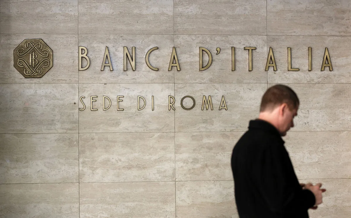 A sign sits outside the entrance to the Banca d'Italia, Italy's central bank, in Rome
