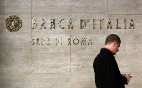 A sign sits outside the entrance to the Banca d'Italia, Italy's central bank, in Rome