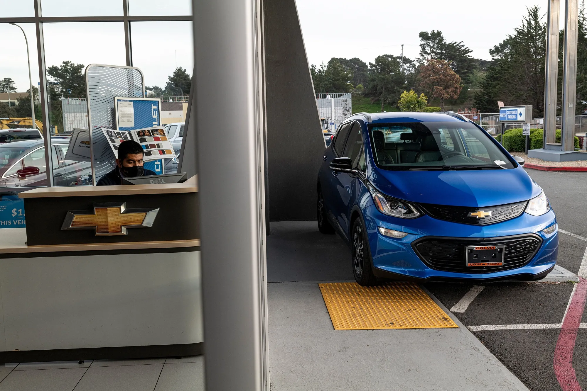 A General Motors Co. Chevrolet Bolt electric vehicle for sale at a car dealership in Colma, California.