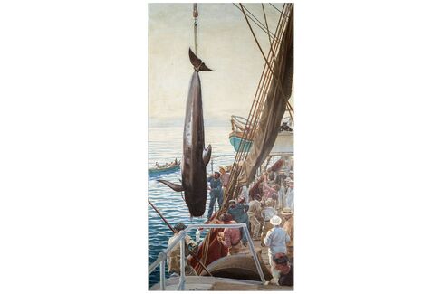 Hoisting a whale aboard the Prince's yacht by Louis Tinayre, 1909