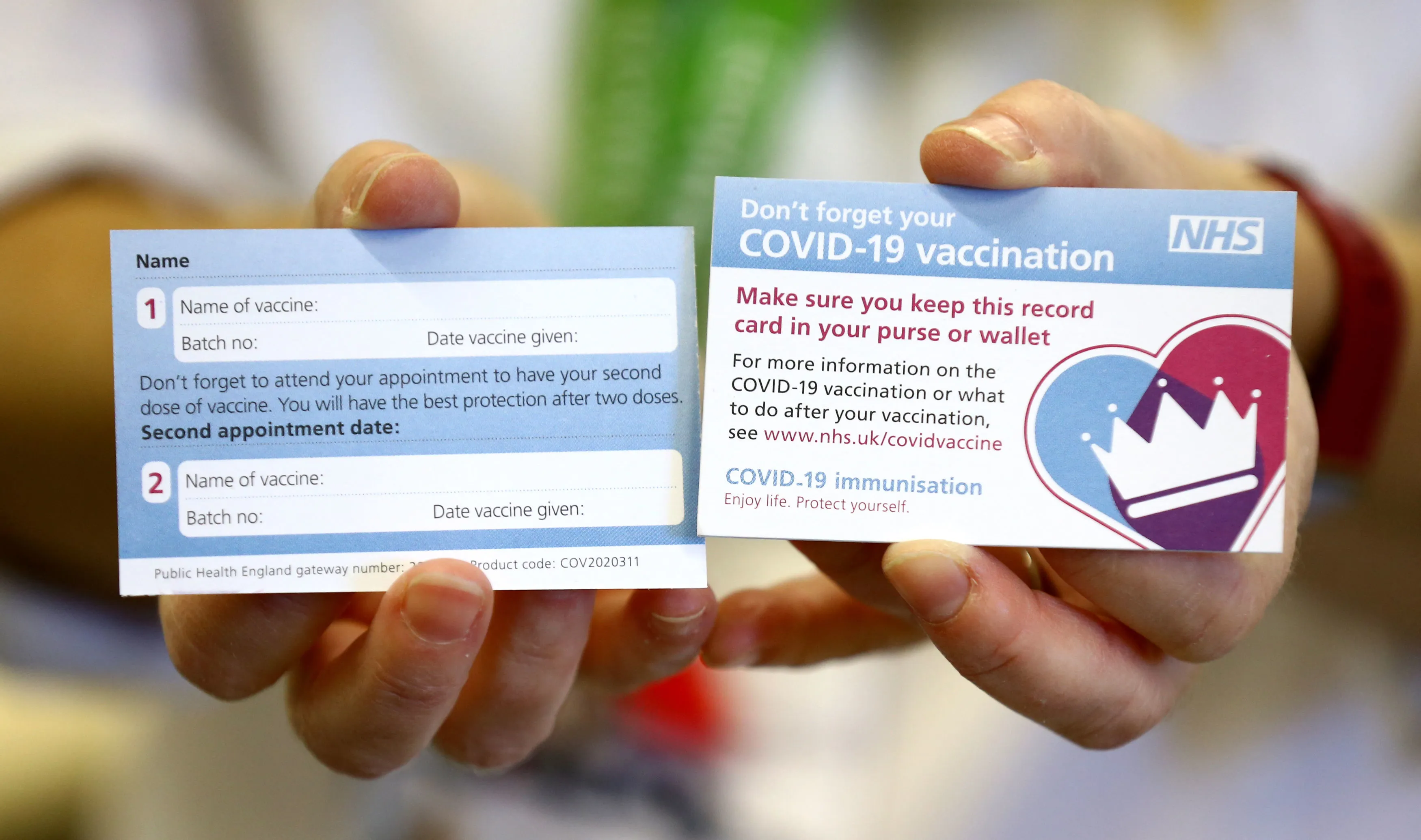 A card which will be given to patients following Covid-19 vaccine shots in U.K.
