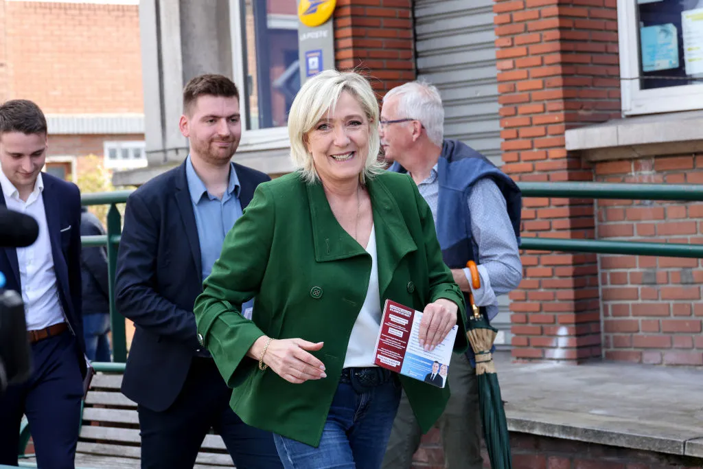 Marine Le Pen&nbsp;meets with residents during her visit to a local market in Courrieres, France on June 21.