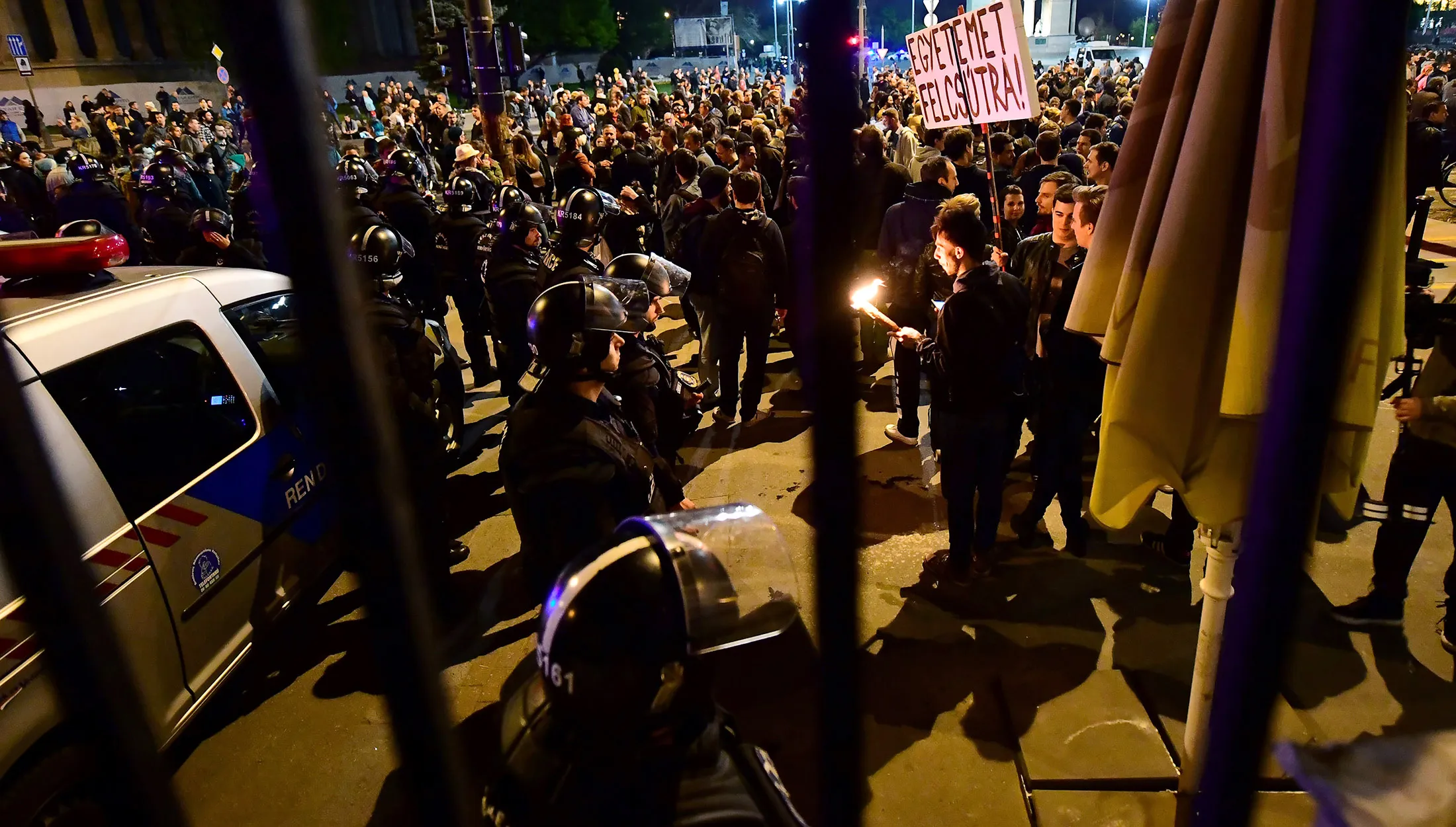 People demonstrate in Budapest, on April 9, 2017.
