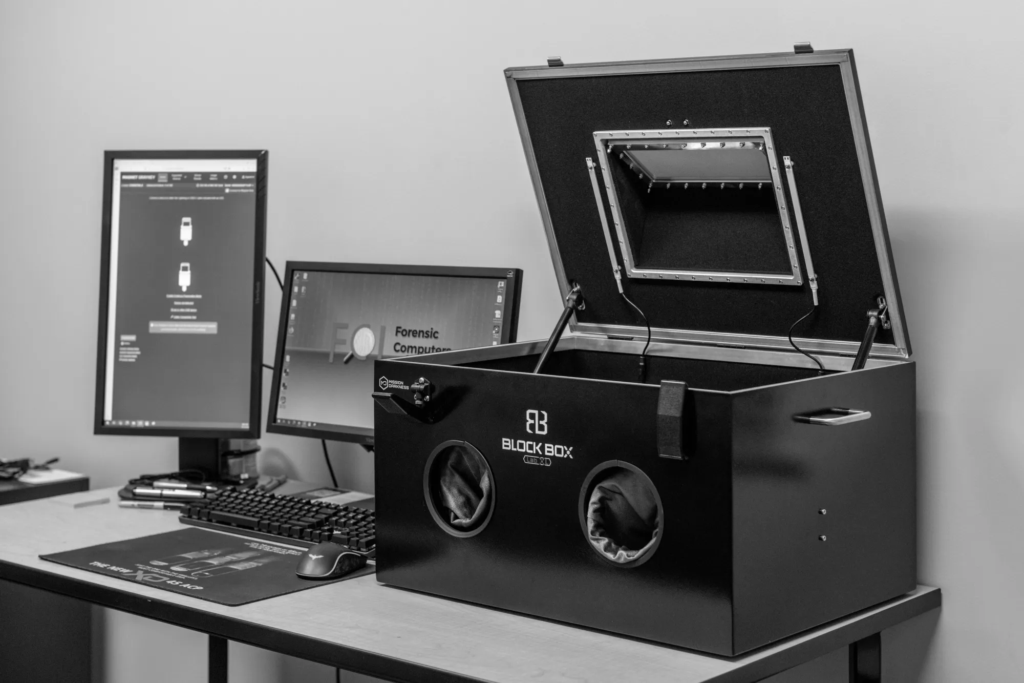 The Block Box allows members of the ICAC Task Force to power on and secure data from seized devices, such as phones and hard drives, without having to worry about remote access. The Box blocks all outside signals from reaching the device.