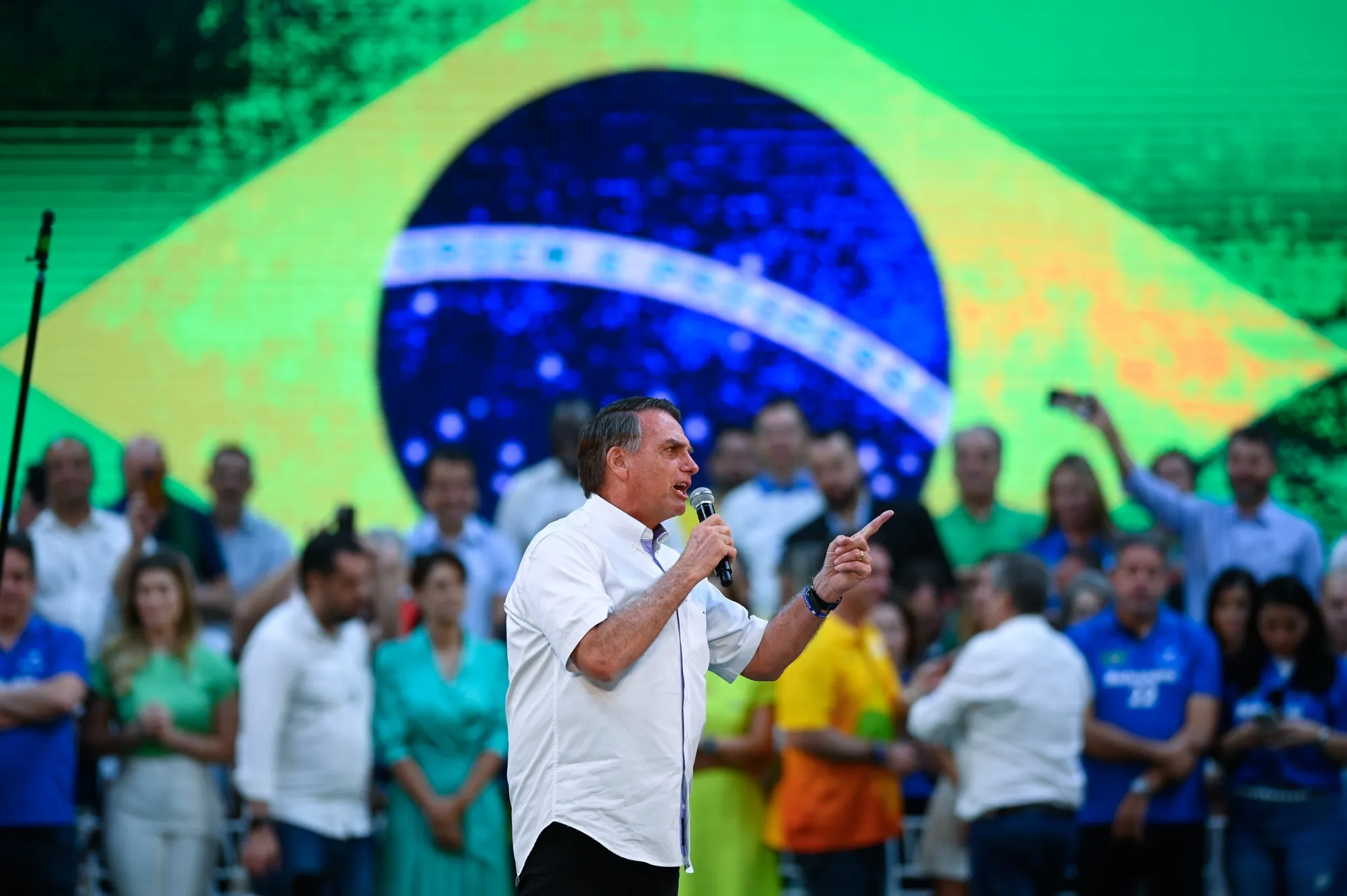 President Bolsonaro speaks during a re-eceltion campaign rally at Maracanazinho Gymnasium in Rio de Janeiro on July 24.