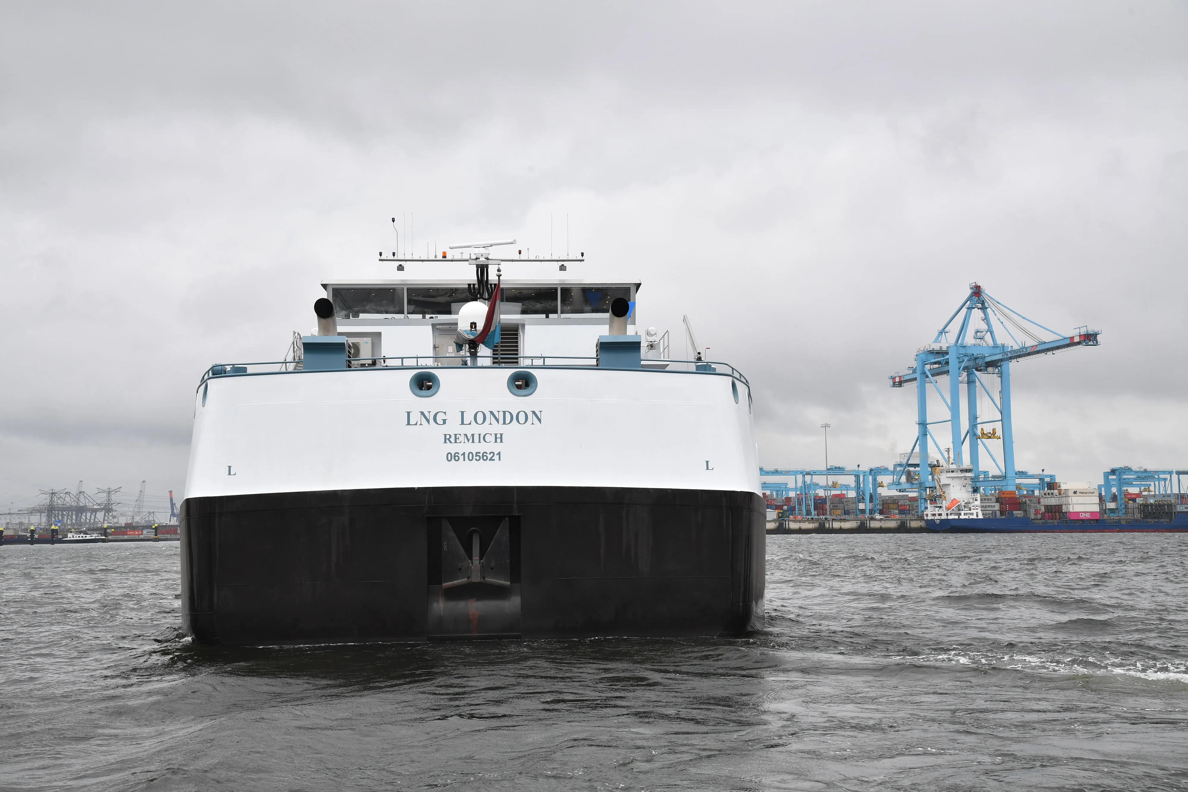 The liquid natural gas (LNG) inland tanker LNG London sails in the Port of Rotterdam.