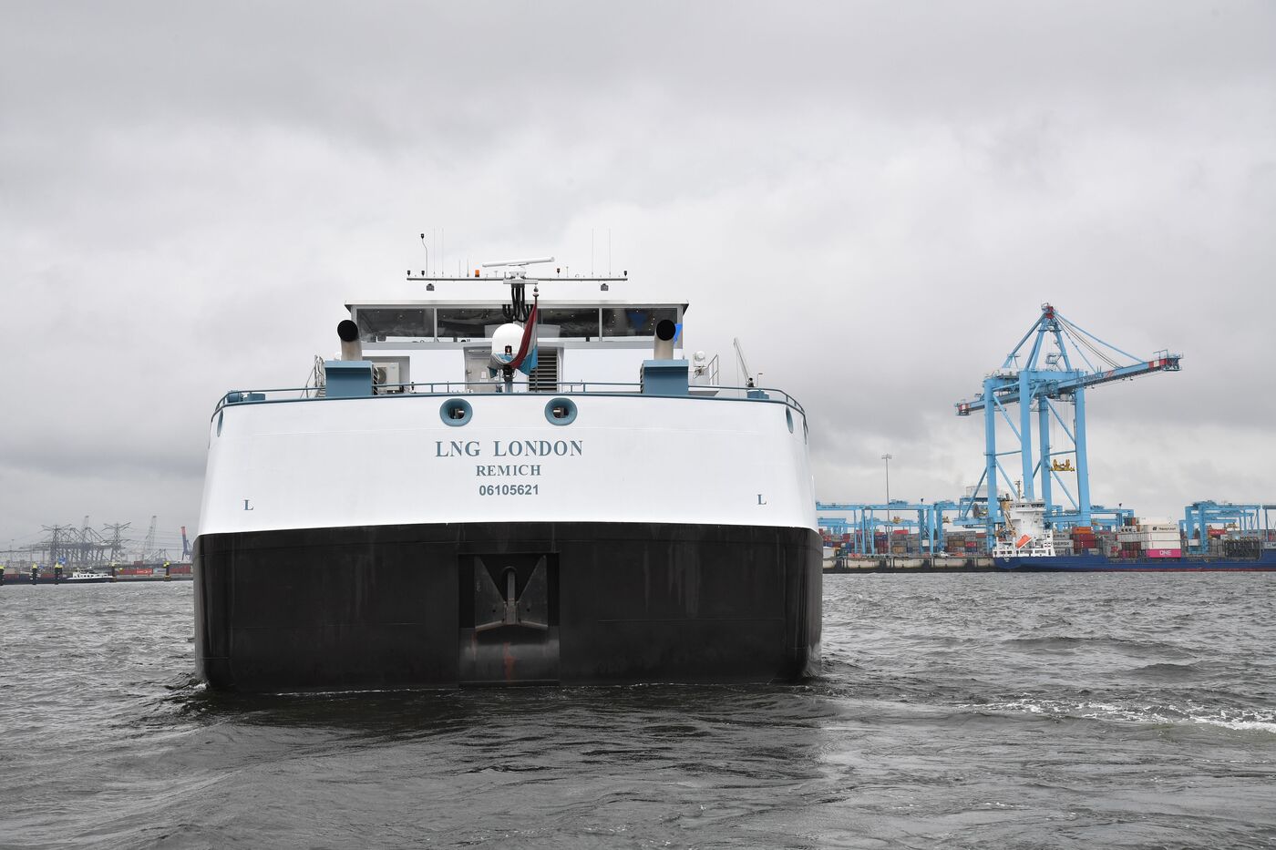 The liquid natural gas (LNG) inland tanker LNG London sails in the Port of Rotterdam.