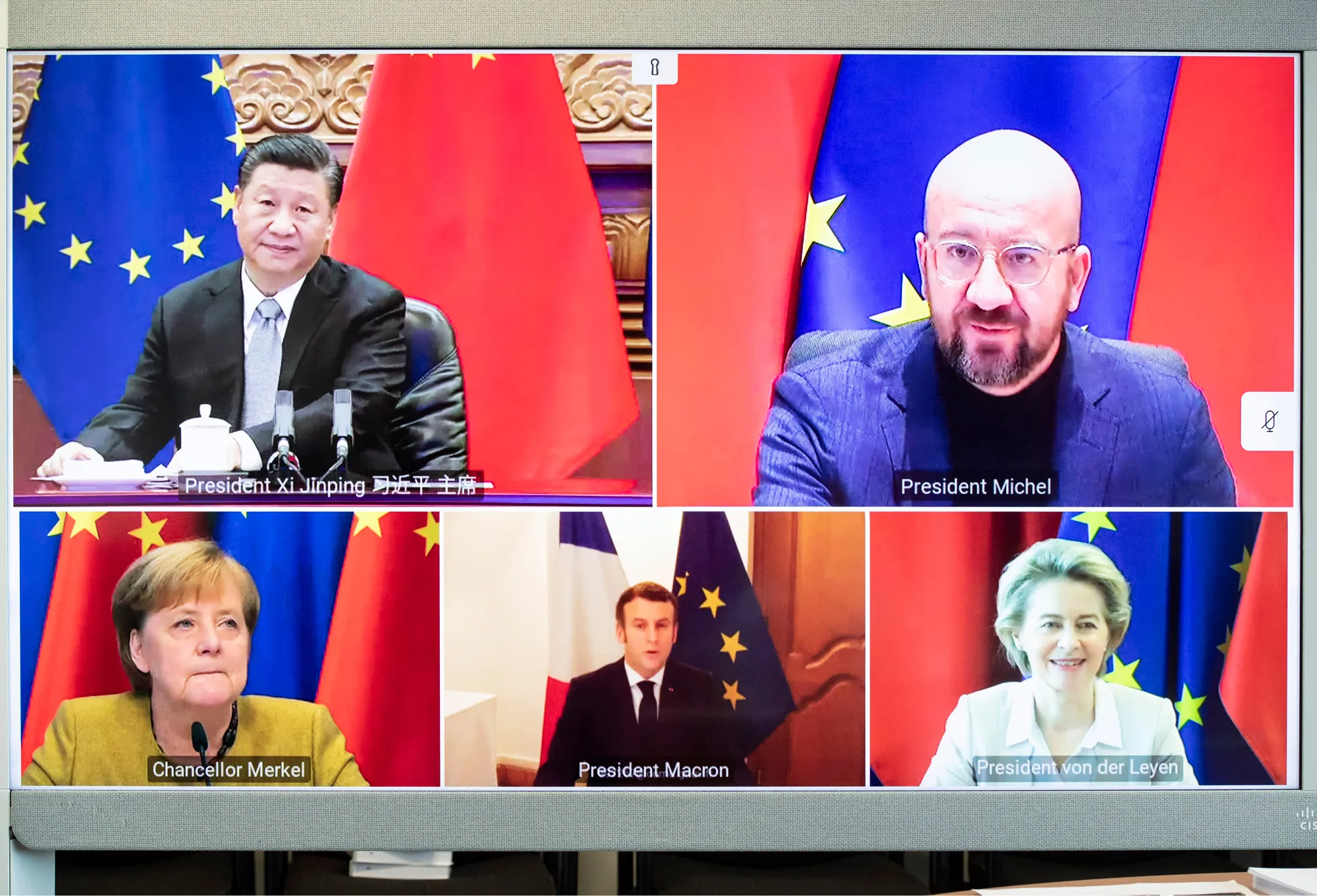 Xi Jinping, Charles Michel, Angela Merkel, Emmanuel Macron, and Ursula von der Leyen during their videoconference in December.