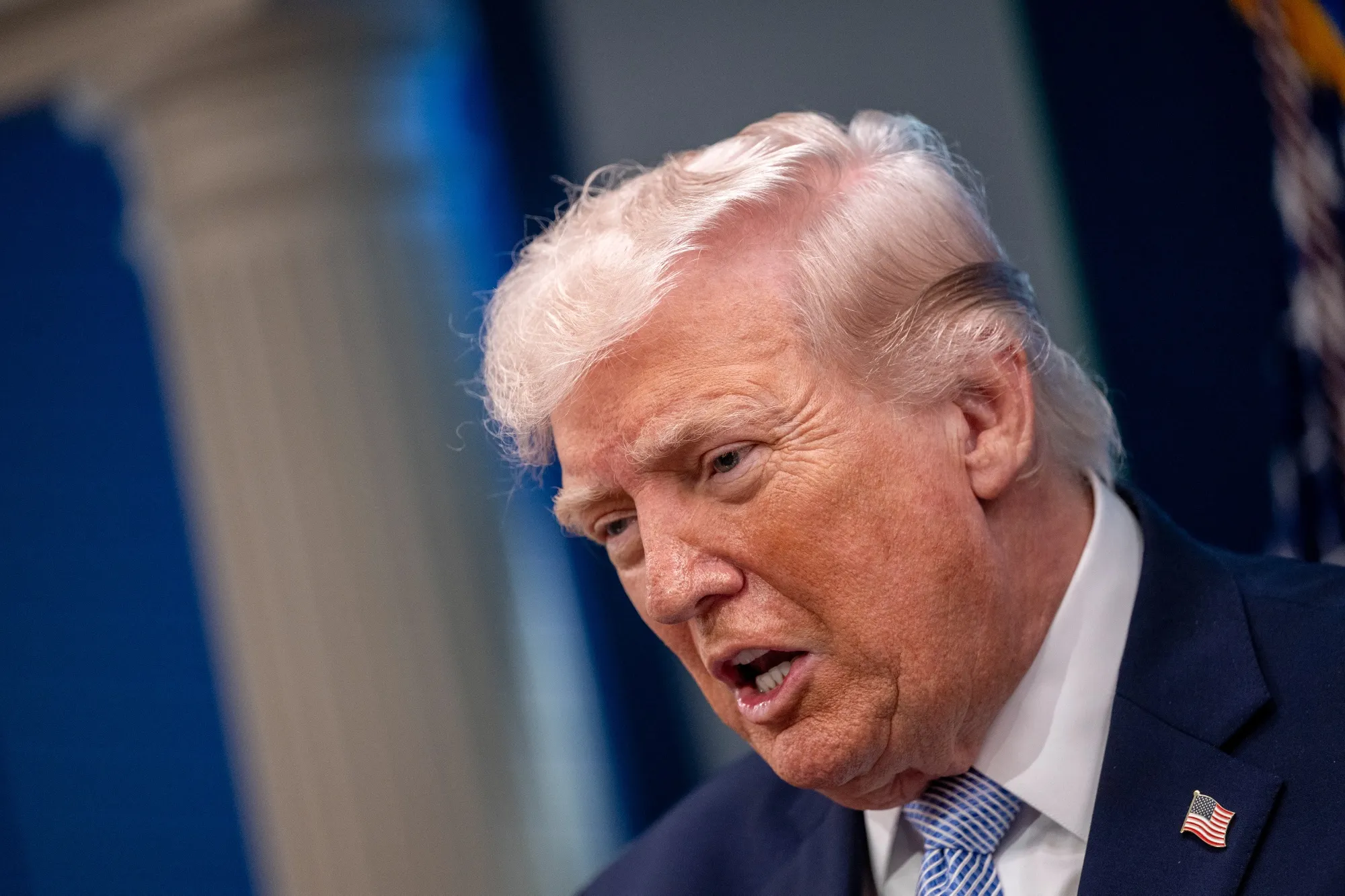 US President Donald Trump during a news conference at the White House in Washington, DC, US, on Monday, April 6, 2026.