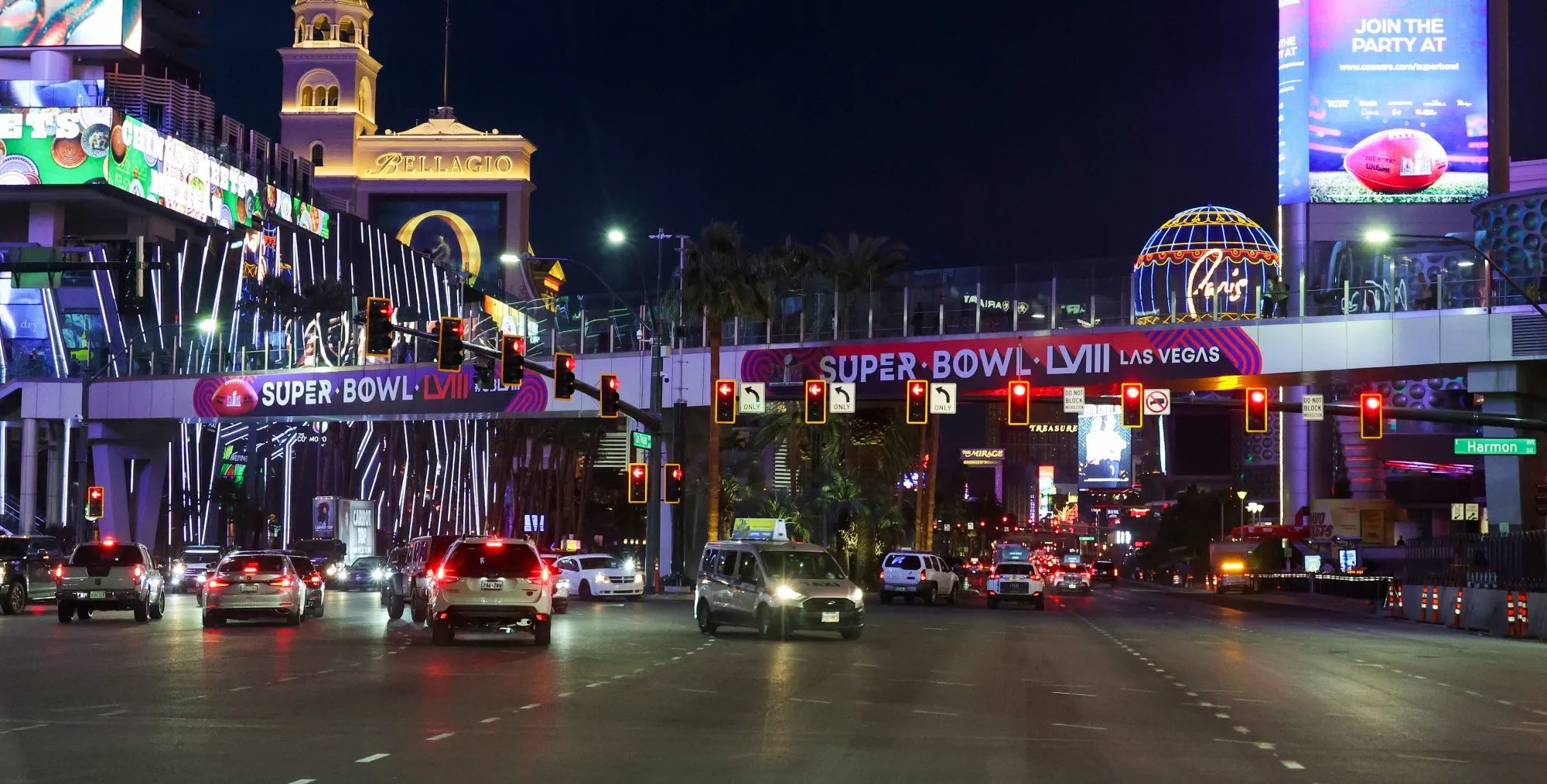 Super Bowl LVIII signage on a pedestrian bridge on the Las Vegas Strip.