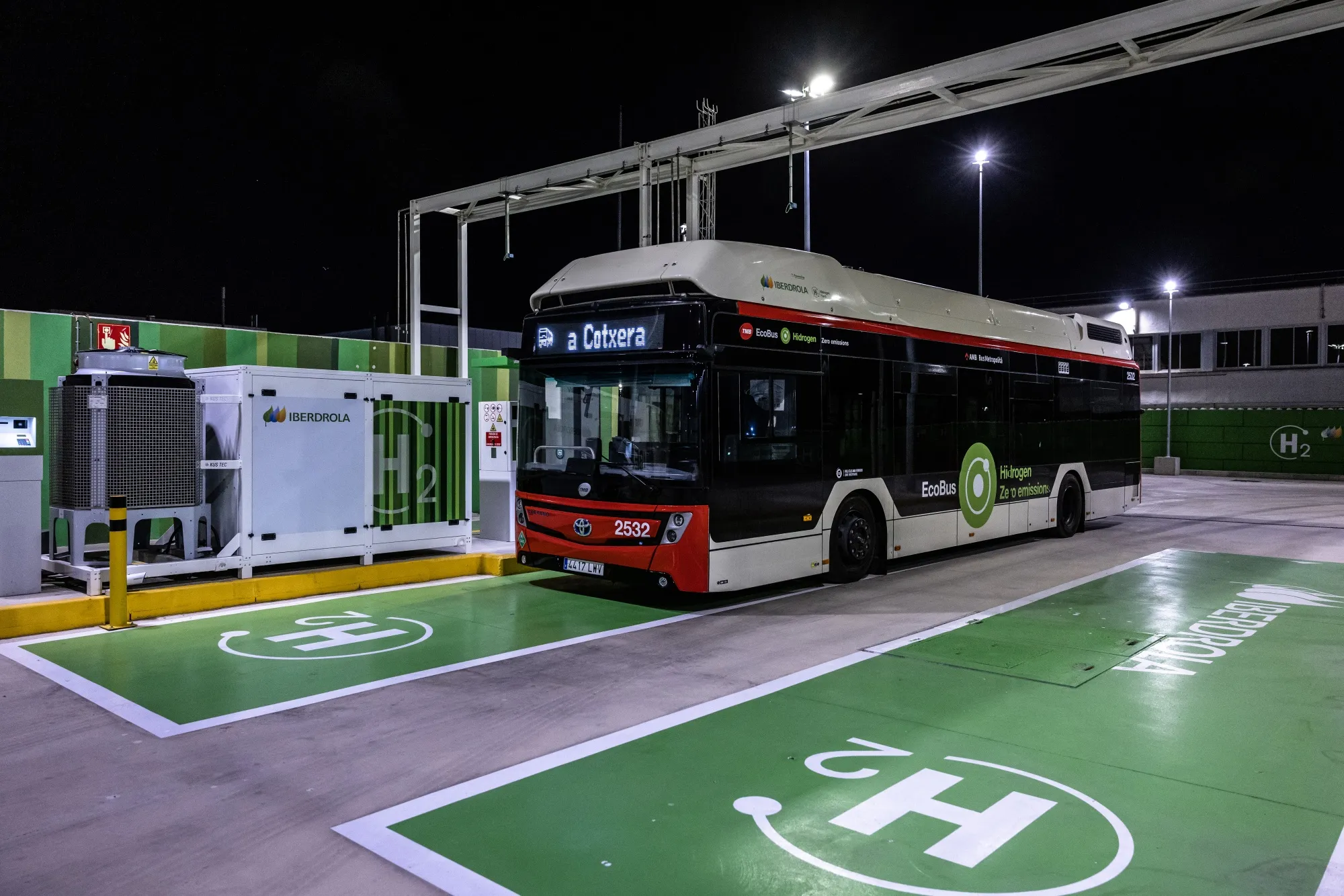 A Transporte Metropolitano de Barcelona (TMB) city bus refuels at a green hydrogen station, operated by Iberdrola SA, in Barcelona, Spain, on April 26, 2023.&nbsp;