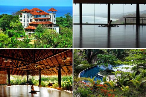 Clockwise from top left: the exterior; yoga with a view; the verdant grounds; outdoor meditation.