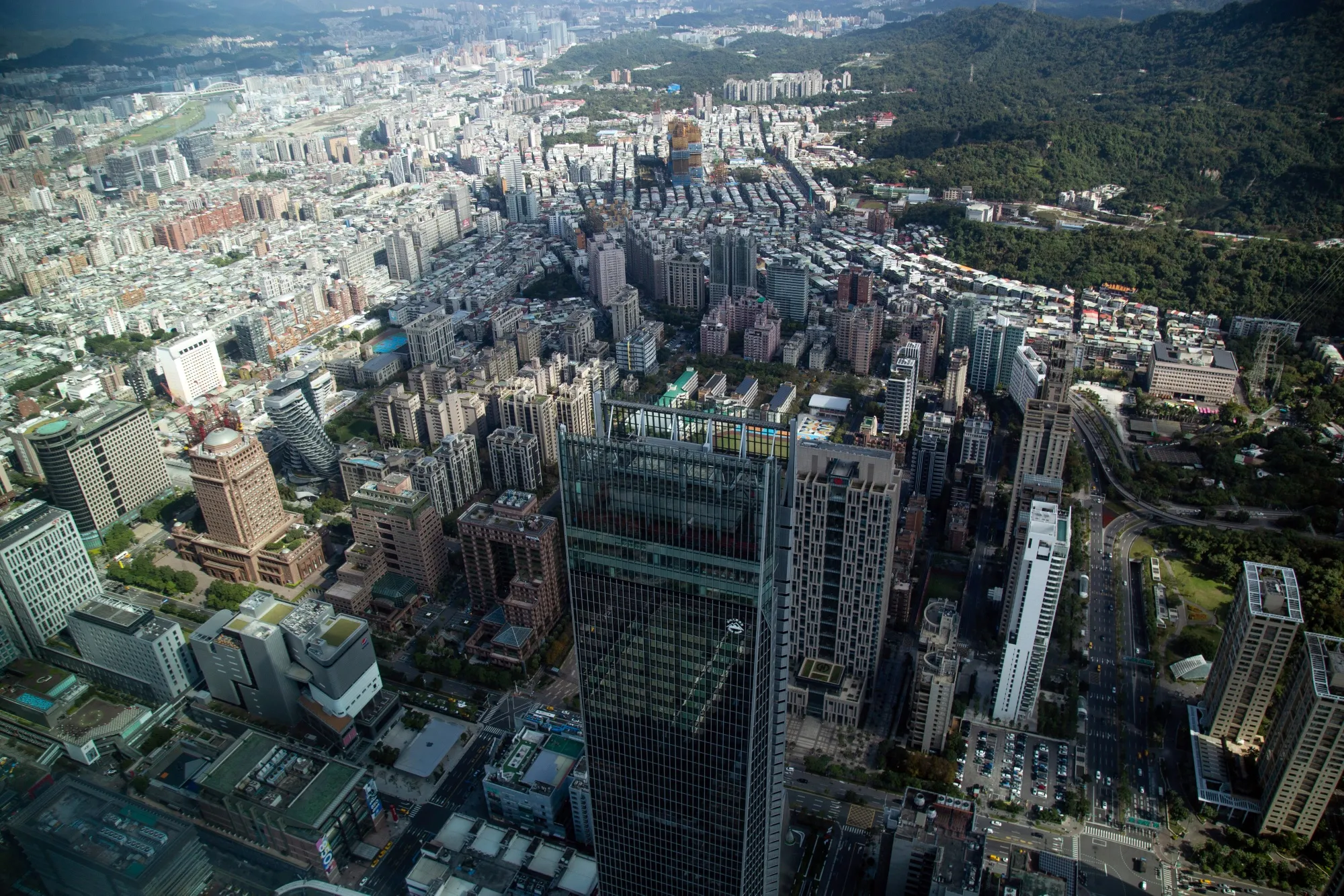 Buildings are seen from the observation deck of the Taipei 101 building in Taipei.