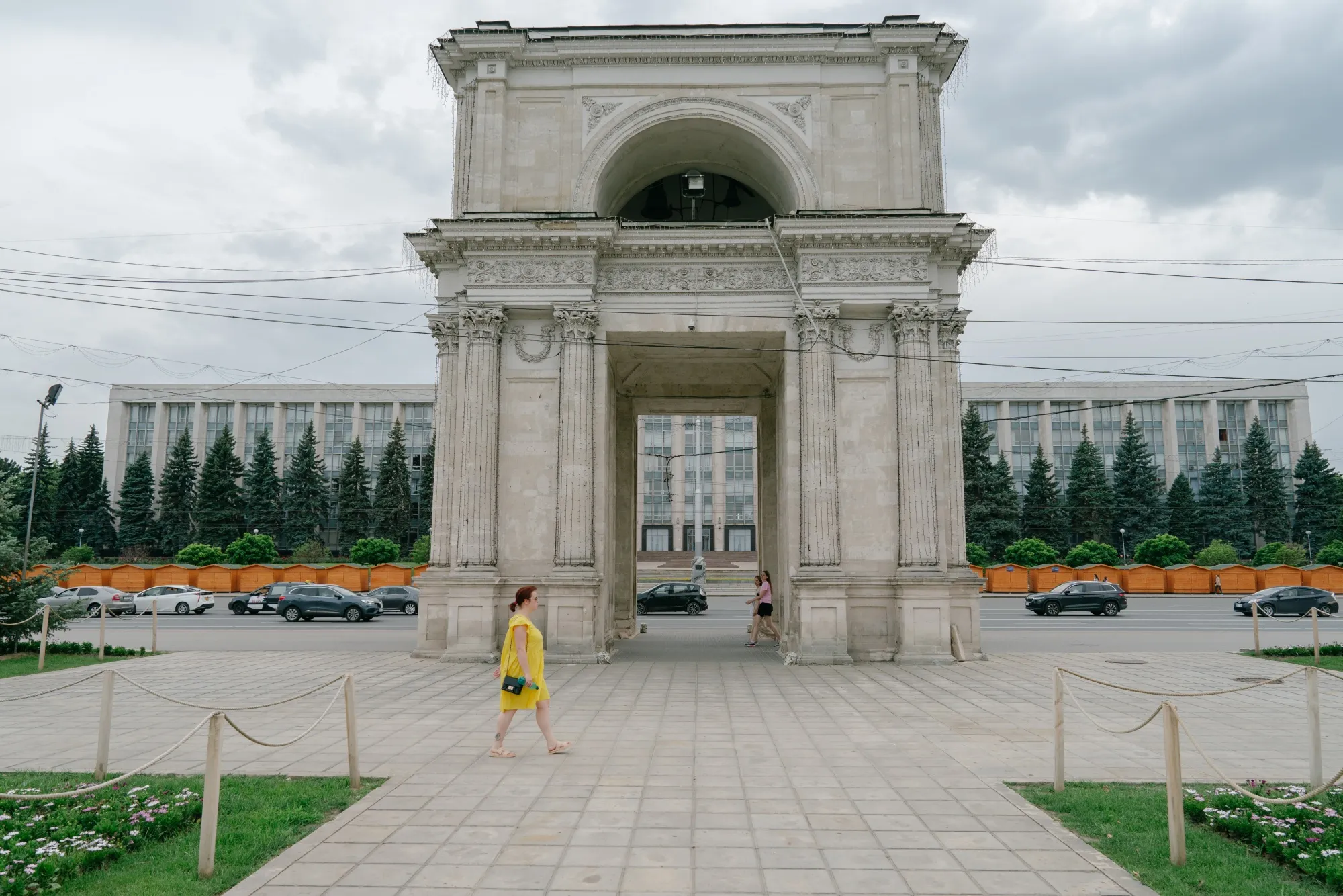 The Triumphal Arch at Great National Assembly Square and Government House in Chisinau, Moldova.