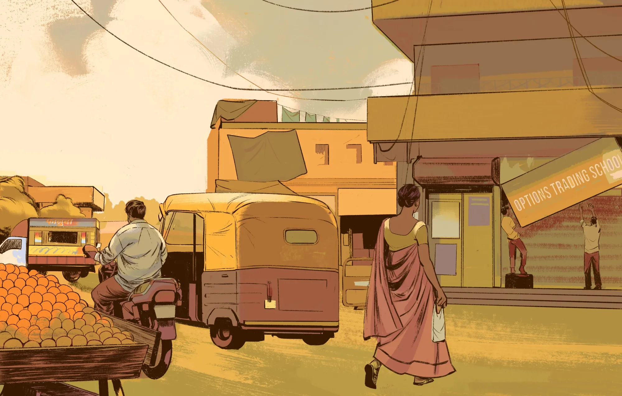 An illustration of a market in India but no one is trading on their phones. 