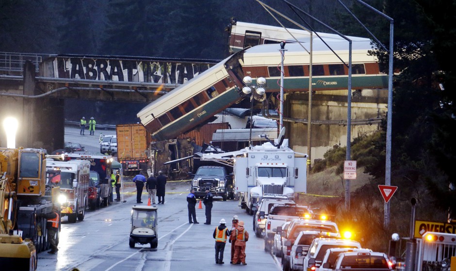 An Amtrak train on its maiden voyage from Seattle to Portland derailed above Interstate 5 on Monday.
