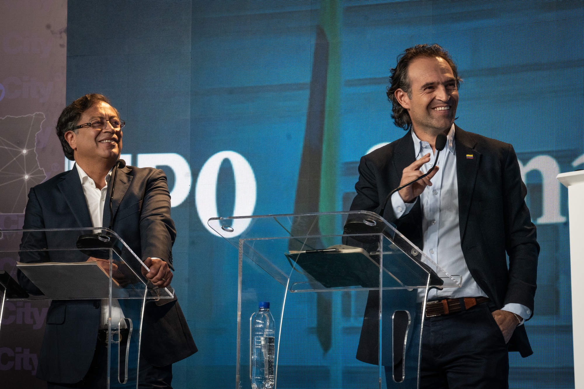 Gustavo Petro, left, and Federico Gutierrez, during a presidential debate in Bogota on May 23.