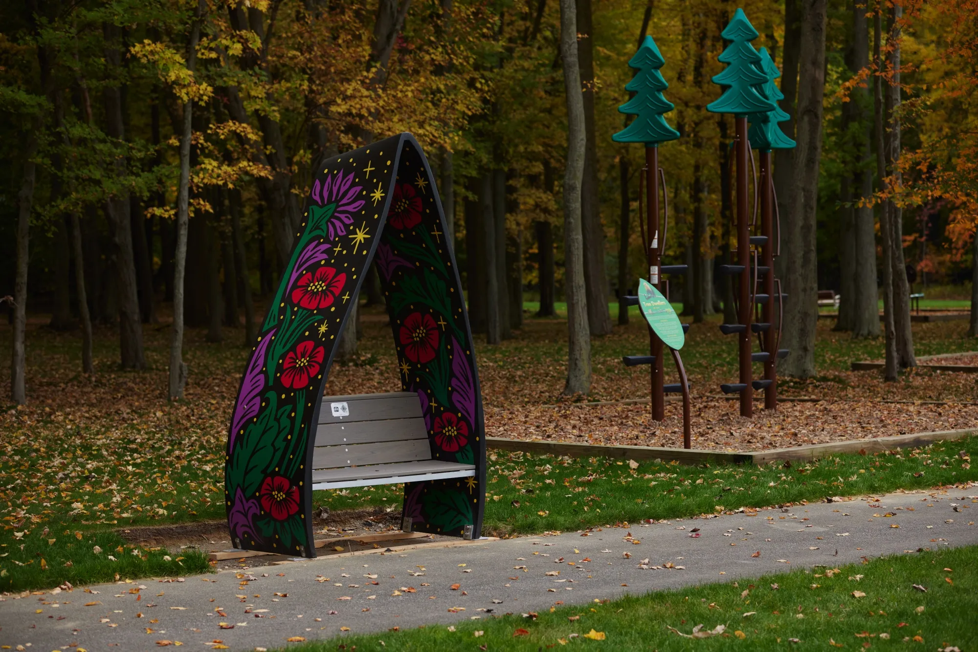 A Canvus park bench, made from recycled wind turbine blades, at Every Childs Playground in Avon, Ohio, US, on Wednesday, Oct. 25, 2023. To keep turbine blades from piling up in landfills, startups like Canvus are turning them into new products — and free marketing for wind power.