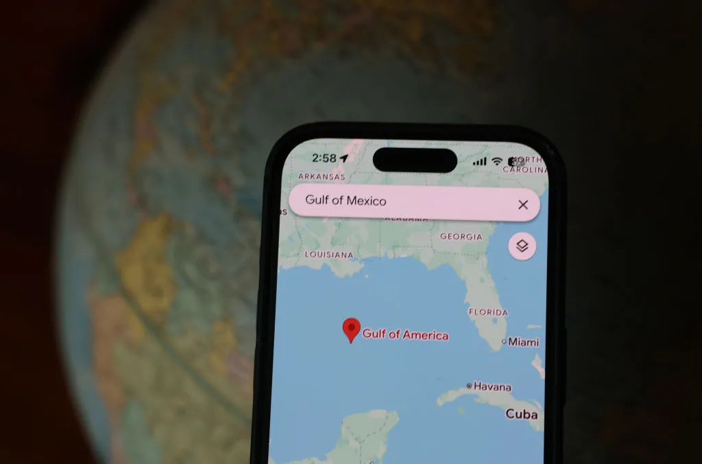 An updated Google map shows the Gulf of America on February 10, 2025 in San Anselmo, California.