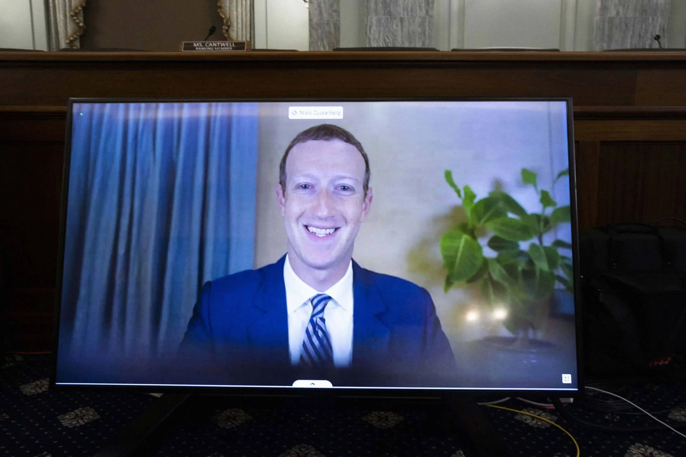 Facebook founder and CEO Mark Zuckerberg on a videoconference during a&nbsp;Senate Commerce, Science, and Transportation Committee hearing on Oct. 28, 2020.
