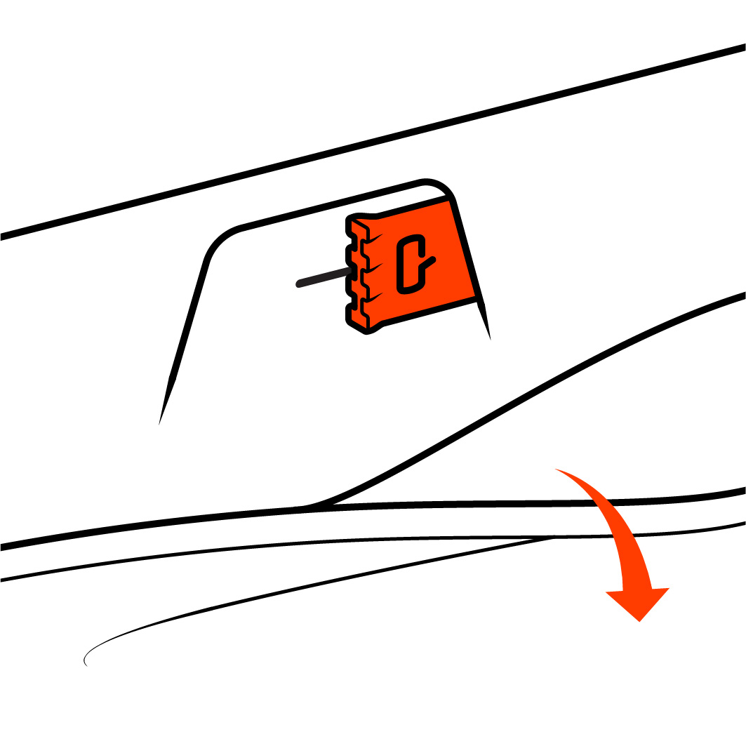 Close up view of the release latch and floor mat