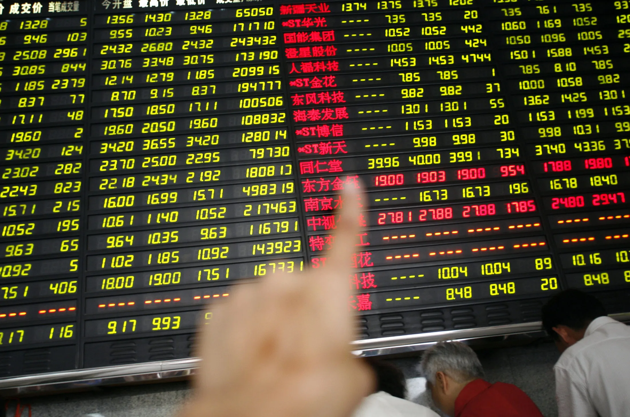 An investor points at a stock trading board at a securities house in Shanghai, China, on Wednesday, May 30, 2007. China's stocks tumbled the most in three months after the government tripled the tax on securities transactions to cool a rally that's drawing more than 300,000 new investors a day.
