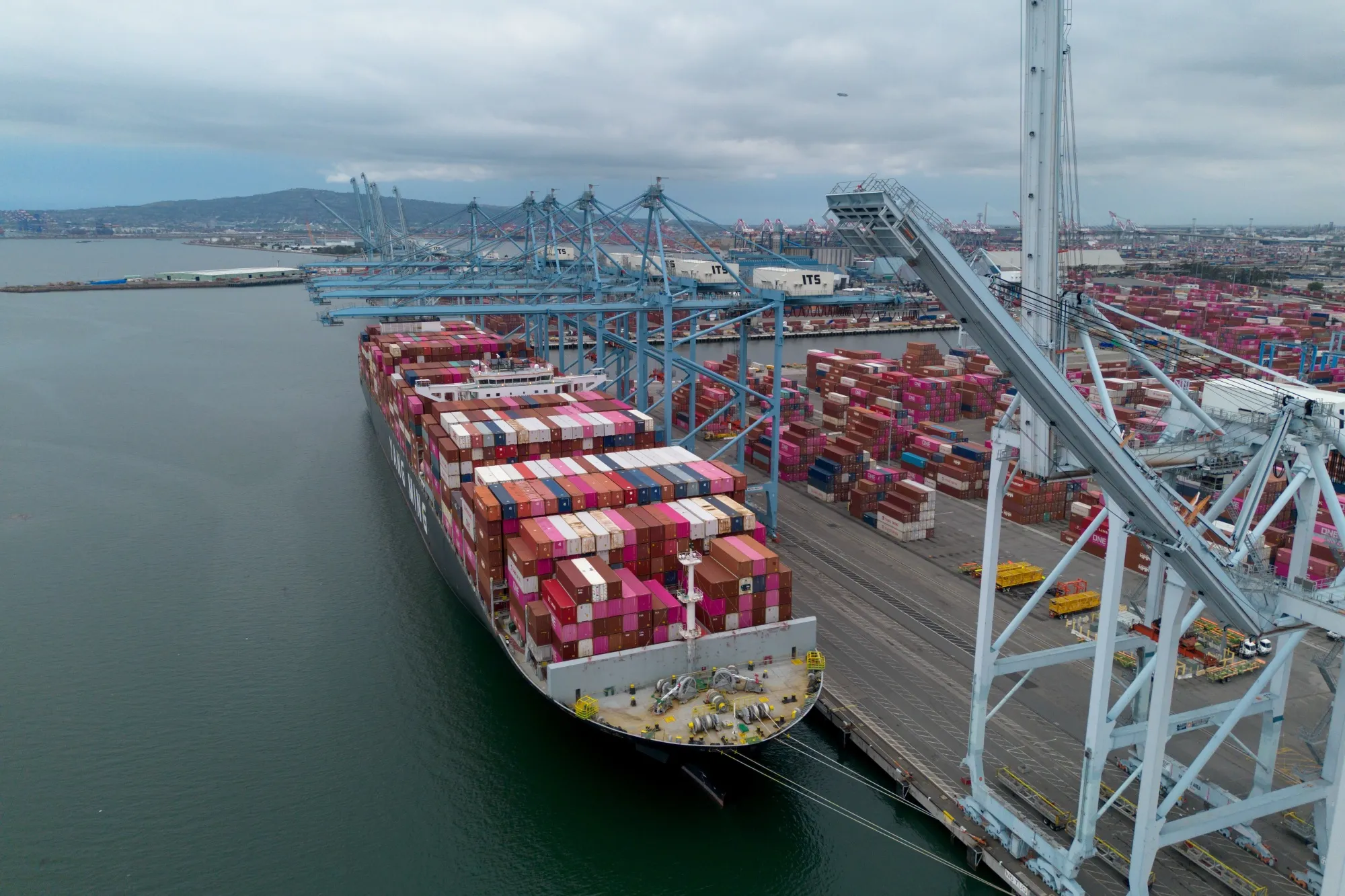 A container ship docked at the Port of Long Beach in Long Beach, California.