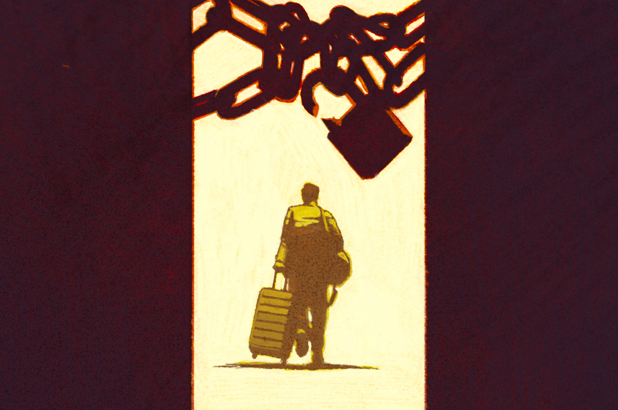 Illustration of a man with a suitcase walking away