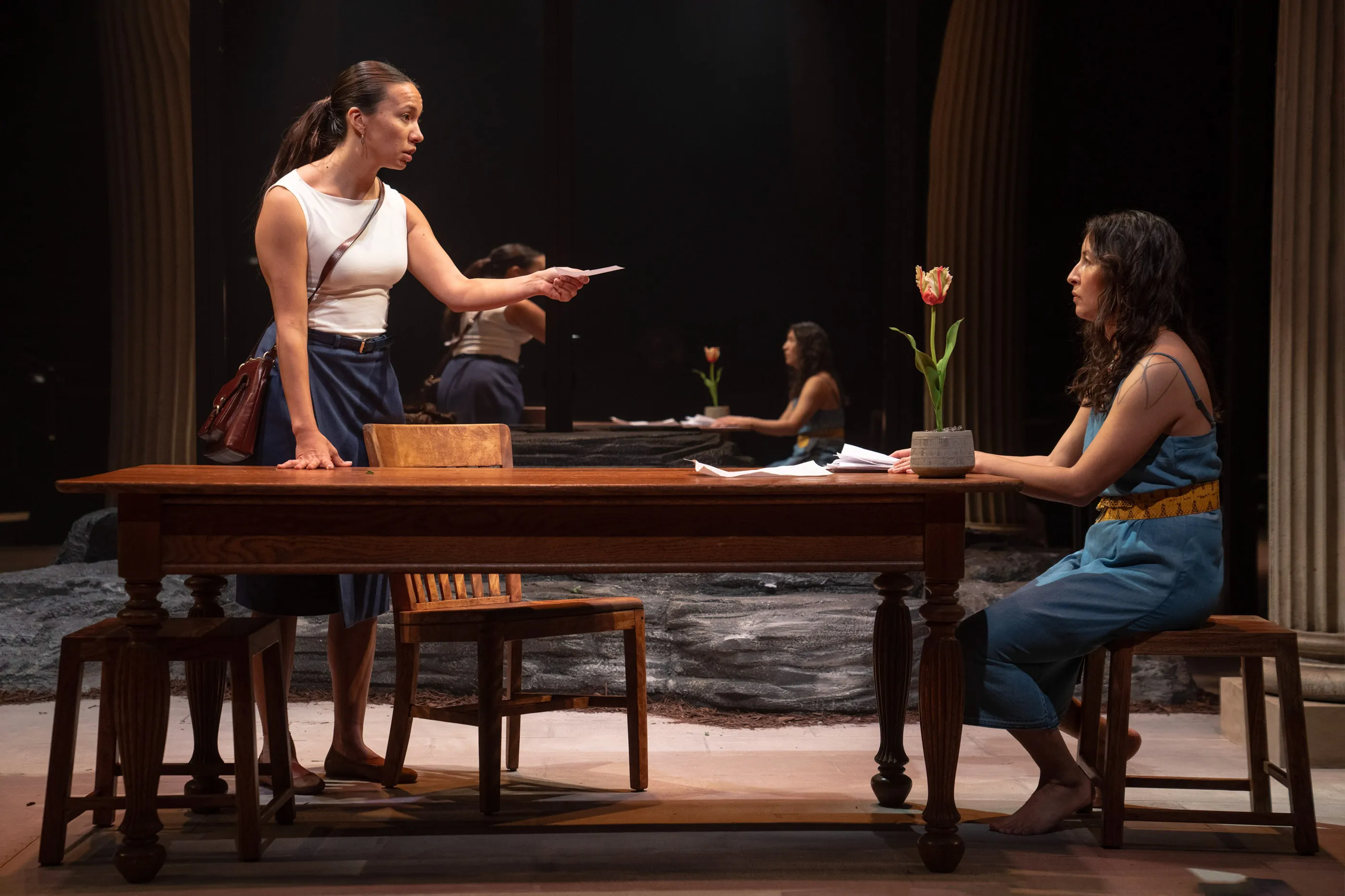 Elizabeth Frances and Rainbow Dickerson&nbsp;in the New York premiere production of&nbsp;Manahatta, written by Mary Kathryn Nagle and directed by Laurie Woolery, at the Public Theater.&nbsp;