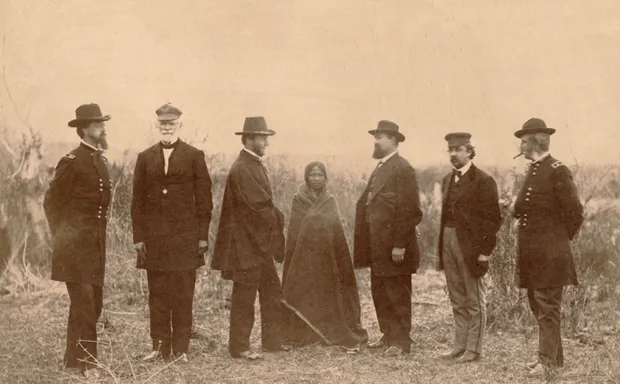 General Terry, General Harney, General Sherman, Arapaho squaw, General Sanborn, Colonel Tappan, and General Augur, 1868.